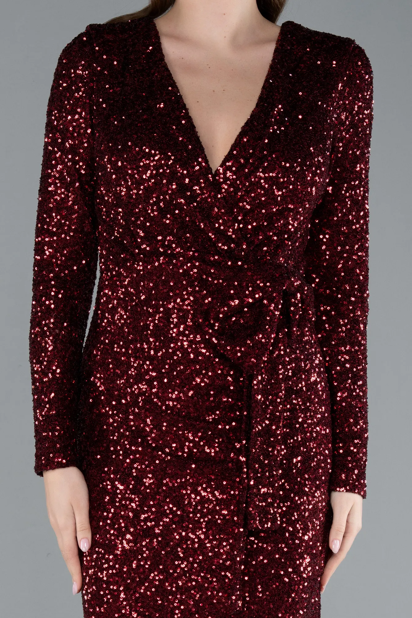 Burgundy-Long Sleeve Neck Sequin Midi Cocktail Dress ABK2284
