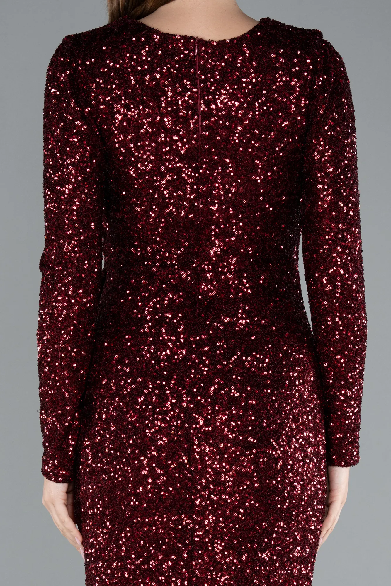 Burgundy-Long Sleeve Neck Sequin Midi Cocktail Dress ABK2284