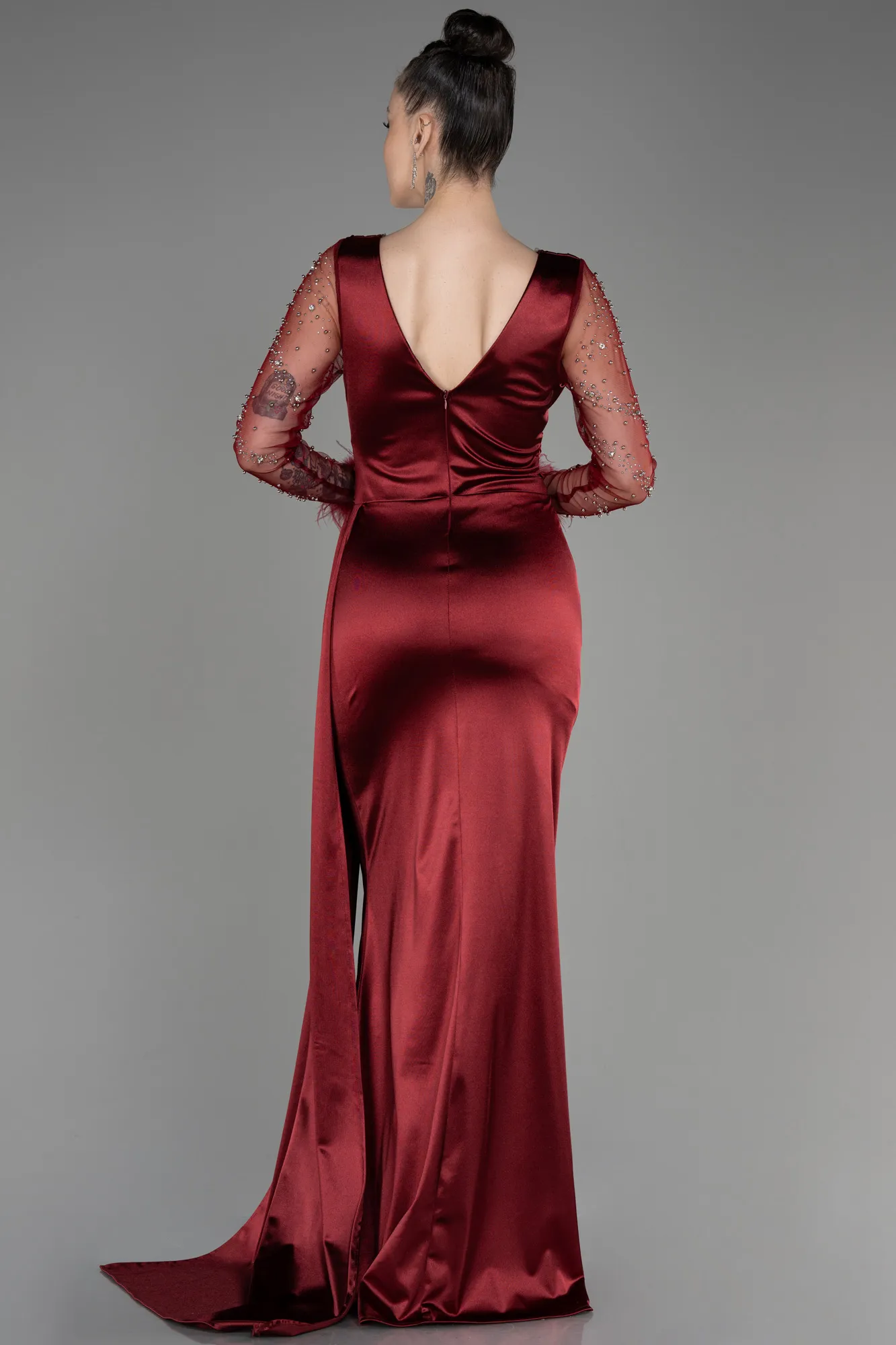 Burgundy-Long Sleeve Slit Satin Evening Dress ABU3835