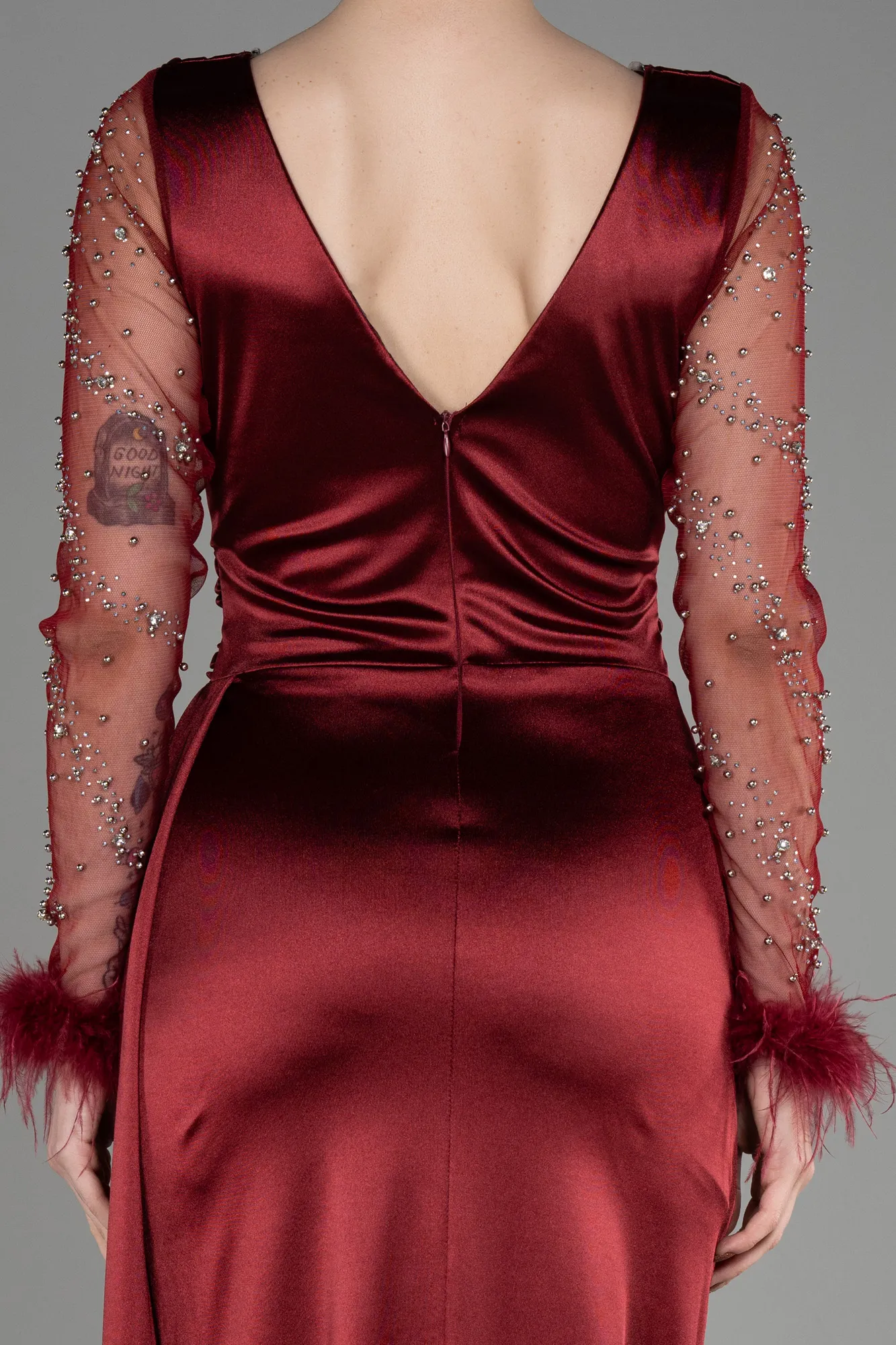 Burgundy-Long Sleeve Slit Satin Evening Dress ABU3835