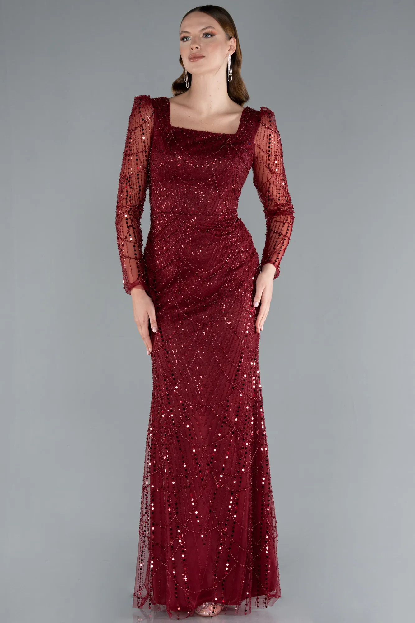 Burgundy-Long Sleeve Stone Embellished Satin Train Evening Dress ABU4603