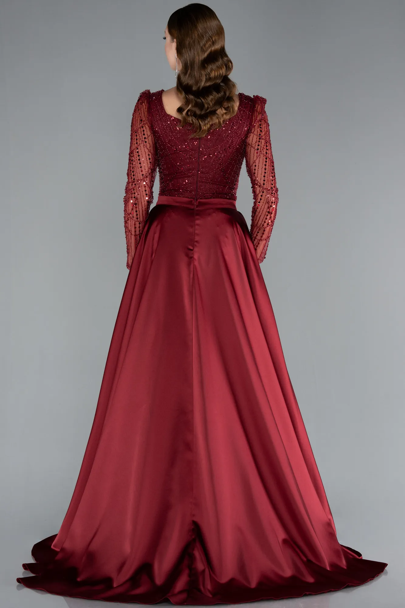 Burgundy-Long Sleeve Stone Embellished Satin Train Evening Dress ABU4603