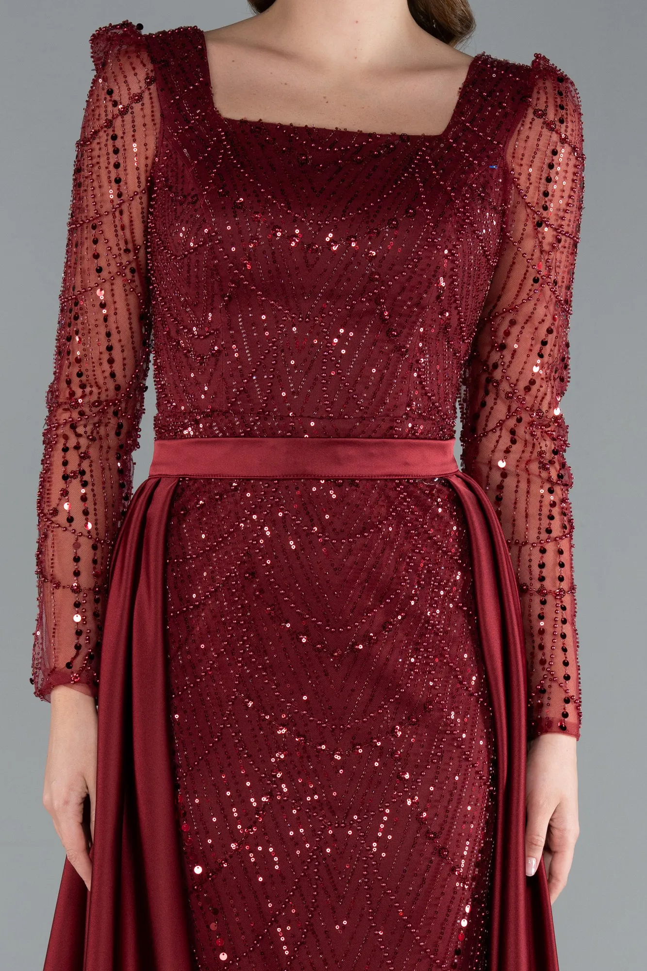 Burgundy-Long Sleeve Stone Embellished Satin Train Evening Dress ABU4603