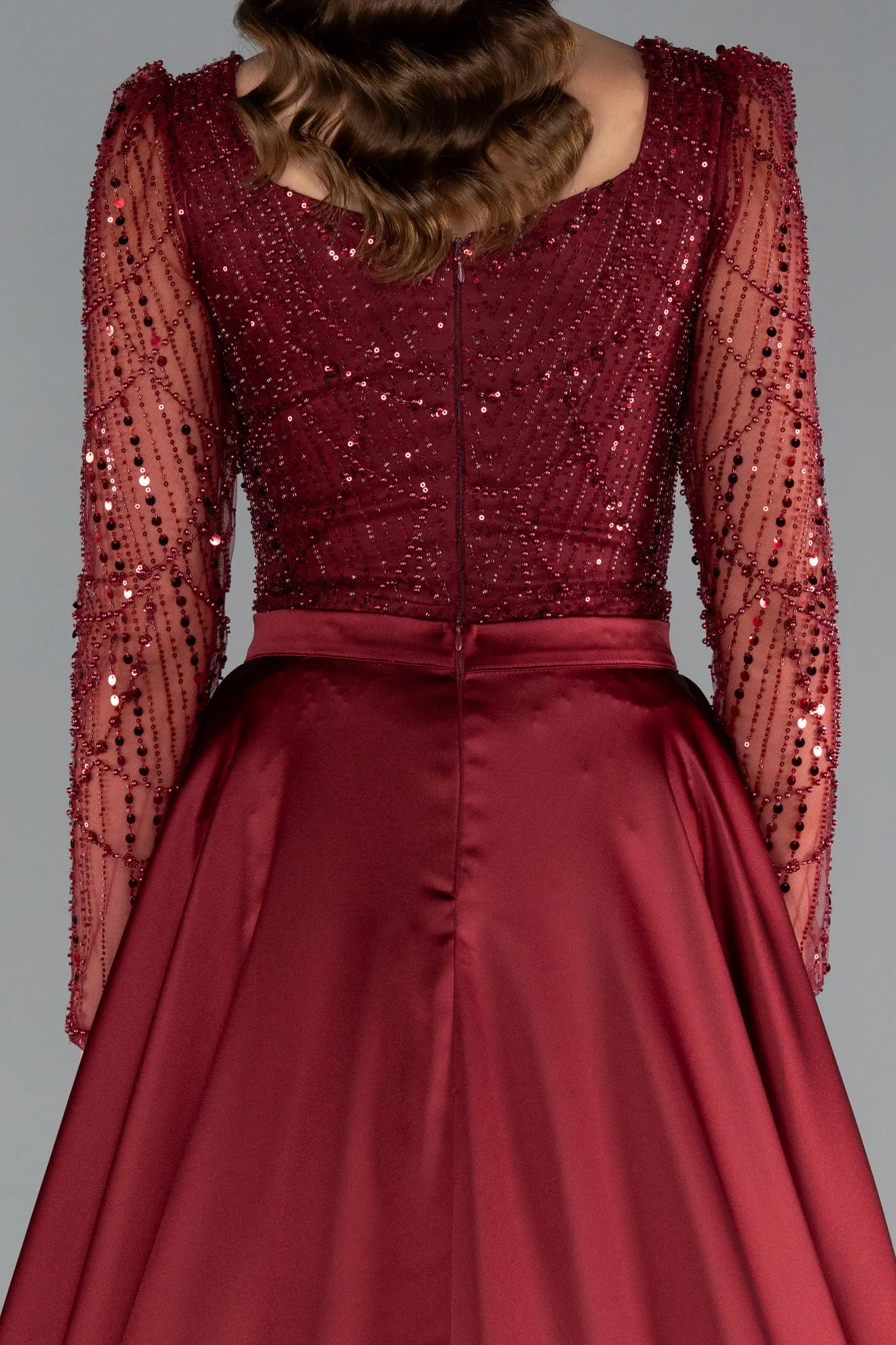 Burgundy-Long Sleeve Stone Embellished Satin Train Evening Dress ABU4603