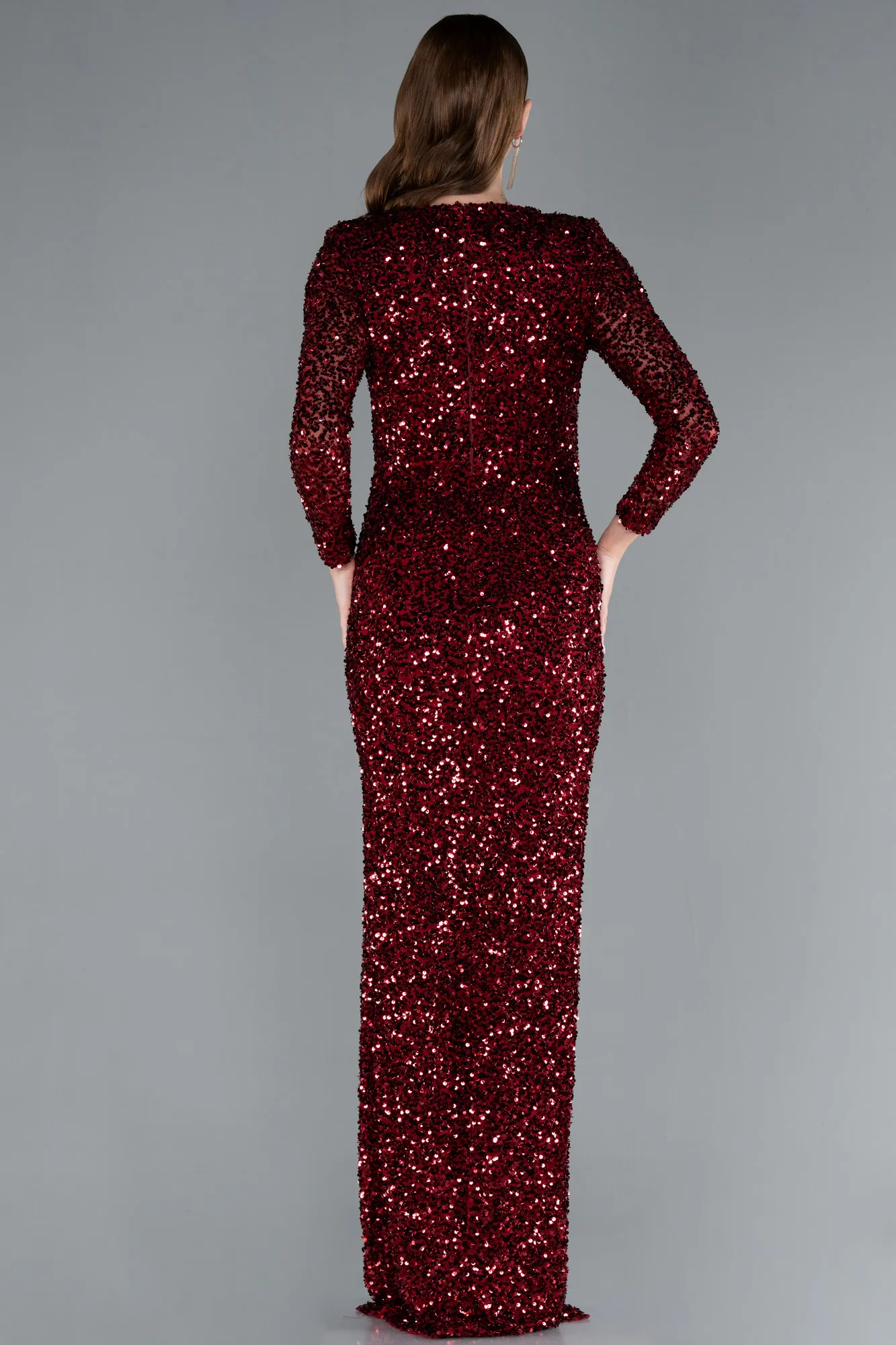 Burgundy-Long Sleeve V Neck Scaly Evening Gown ABU4763