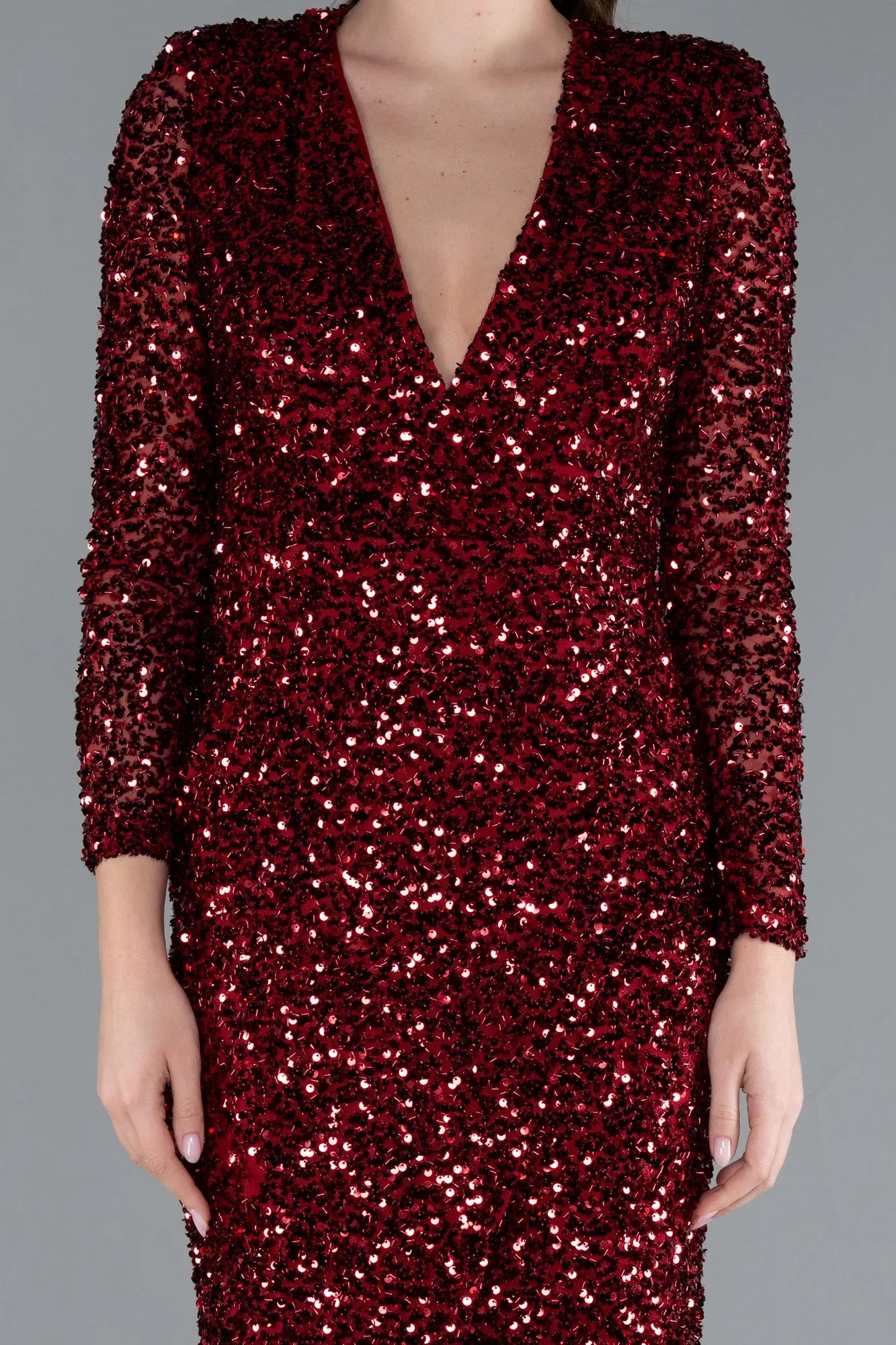 Burgundy-Long Sleeve V Neck Scaly Evening Gown ABU4763