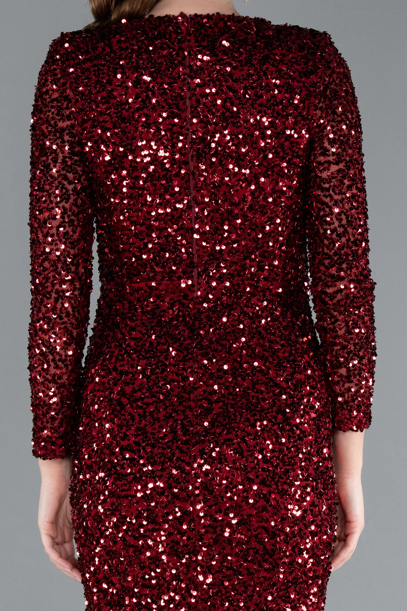 Burgundy-Long Sleeve V Neck Scaly Evening Gown ABU4763