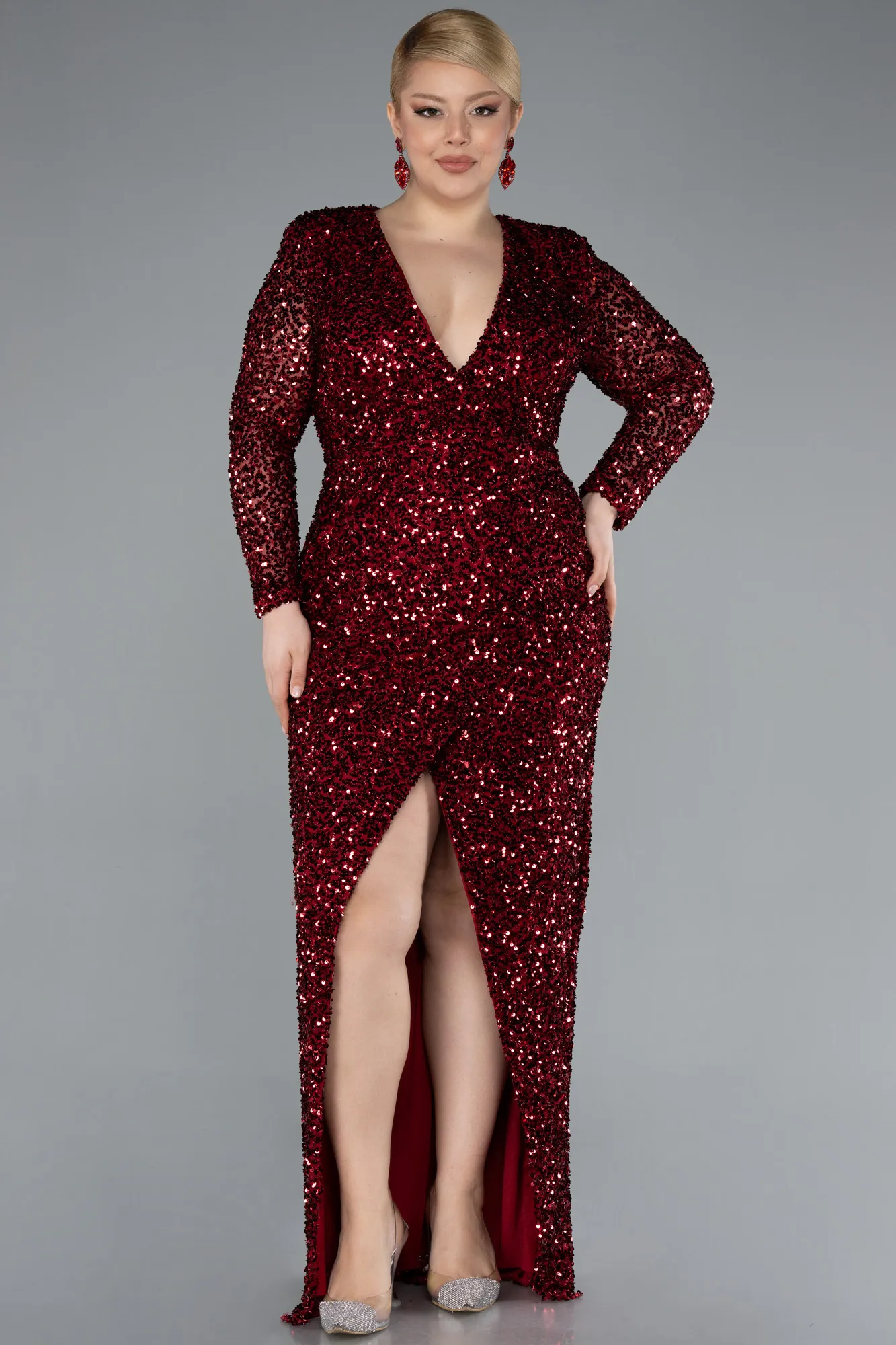 Burgundy-Long Sleeve V Neck Scaly Plus Size Evening Gown ABU4764