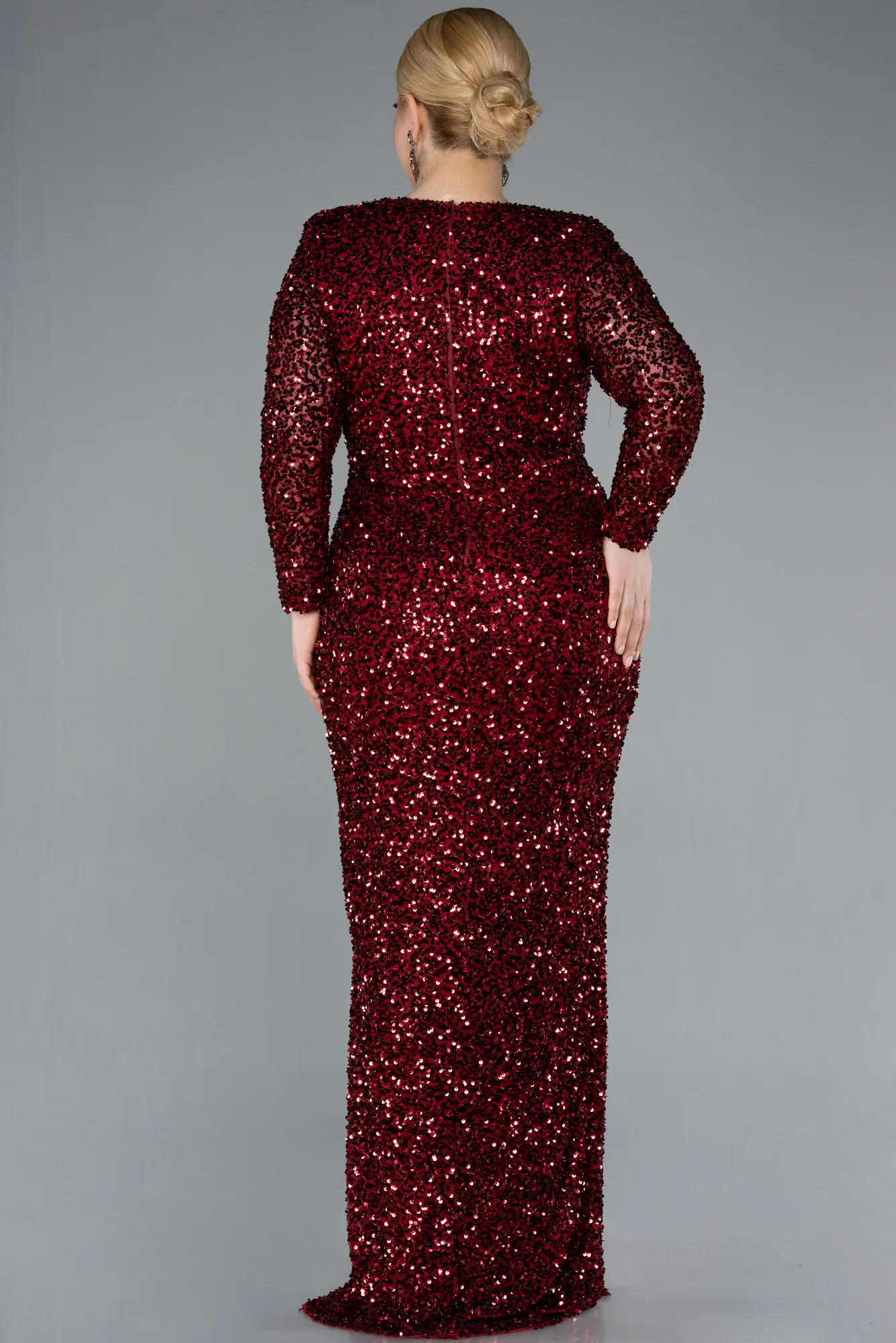Burgundy-Long Sleeve V Neck Scaly Plus Size Evening Gown ABU4764