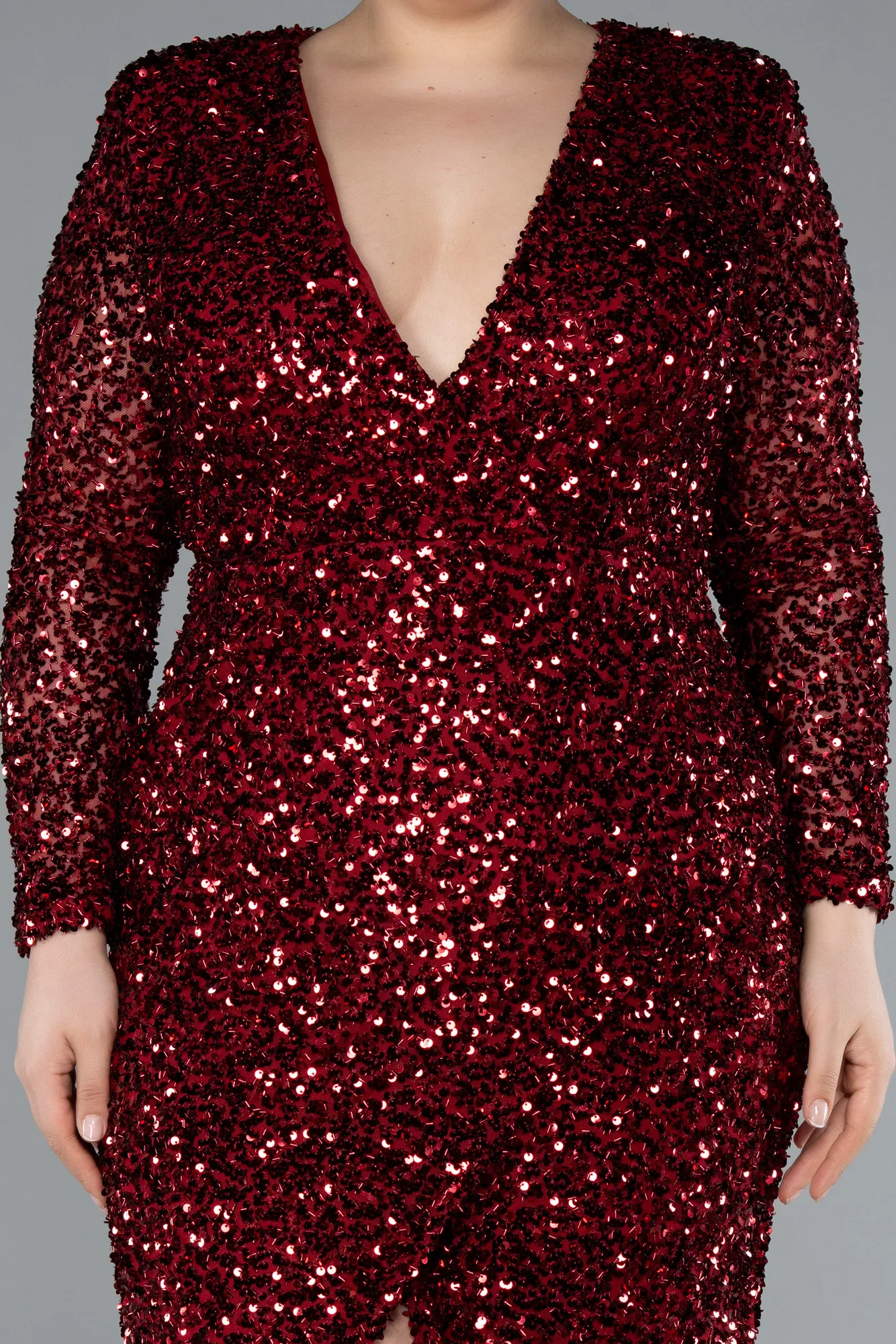 Burgundy-Long Sleeve V Neck Scaly Plus Size Evening Gown ABU4764