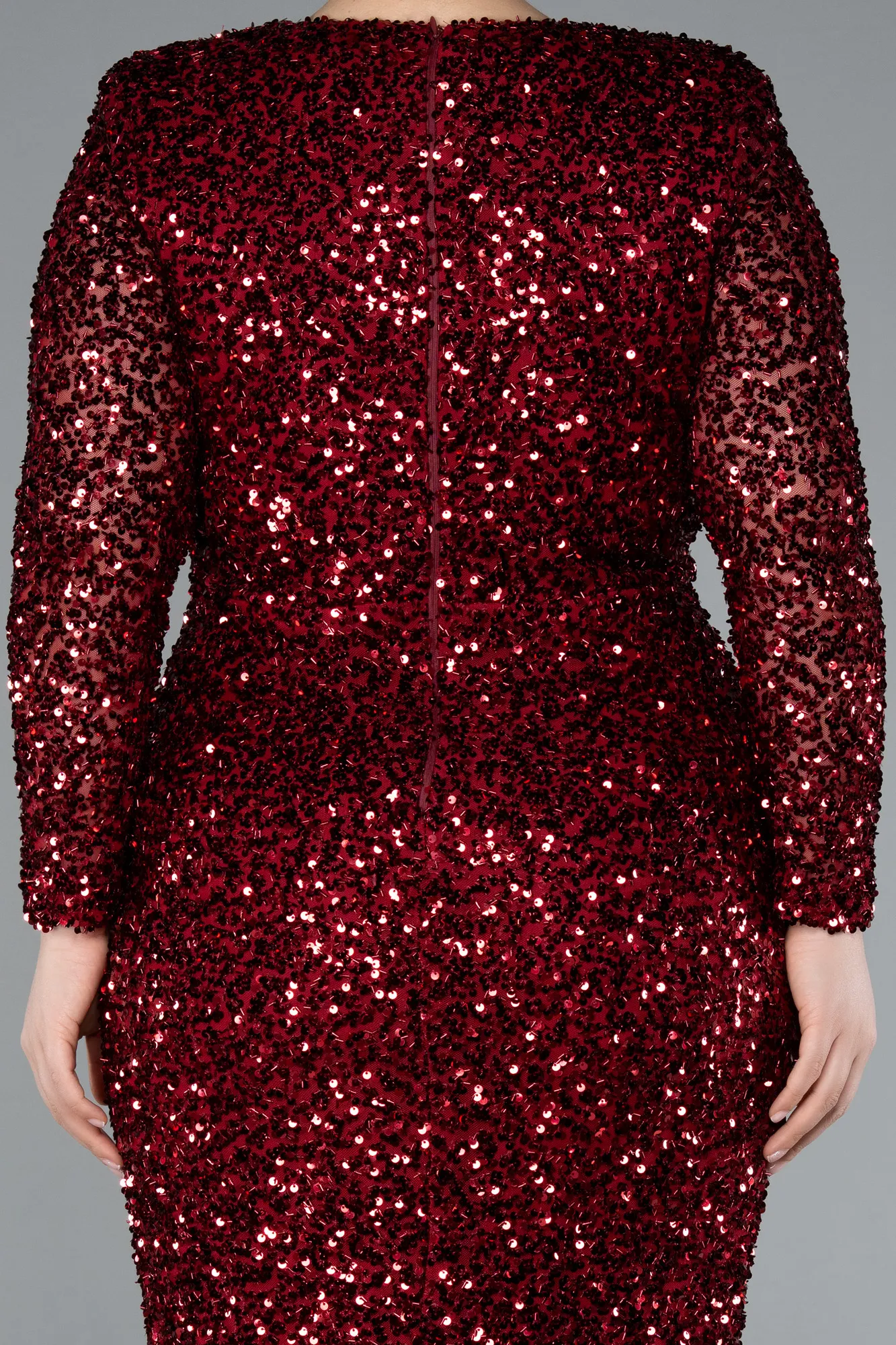 Burgundy-Long Sleeve V Neck Scaly Plus Size Evening Gown ABU4764