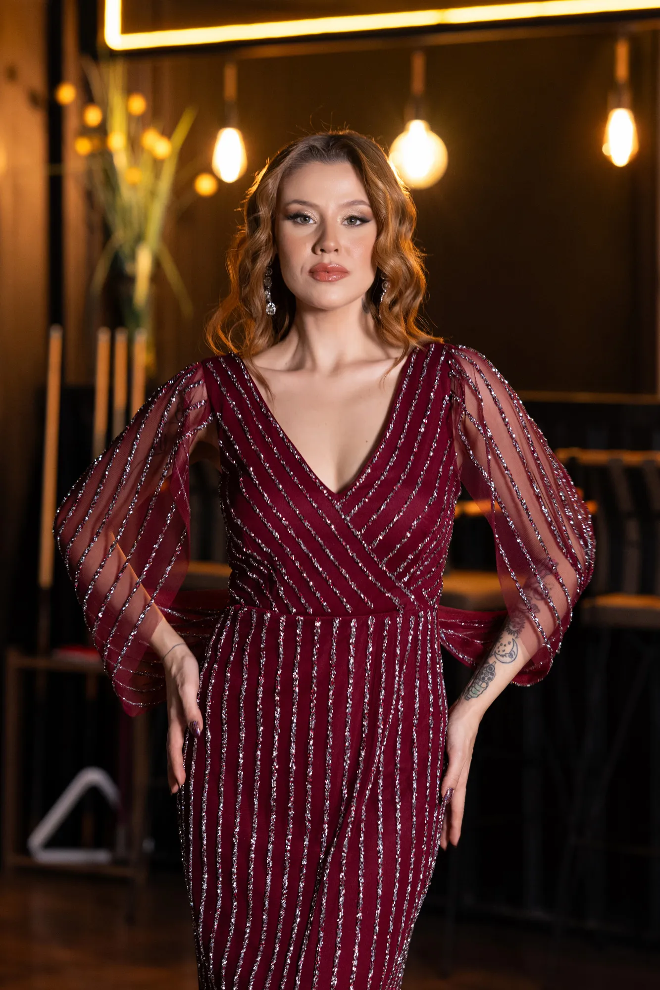 Burgundy-Long Stony Evening Dress ABU5475