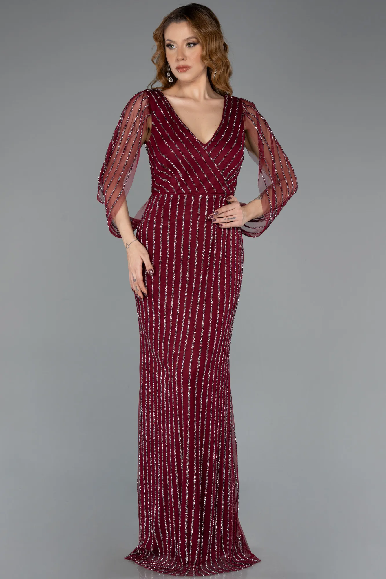 Burgundy-Long Stony Evening Dress ABU5475