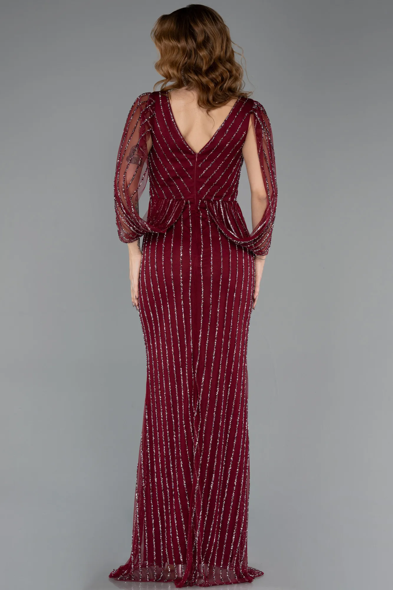 Burgundy-Long Stony Evening Dress ABU5475