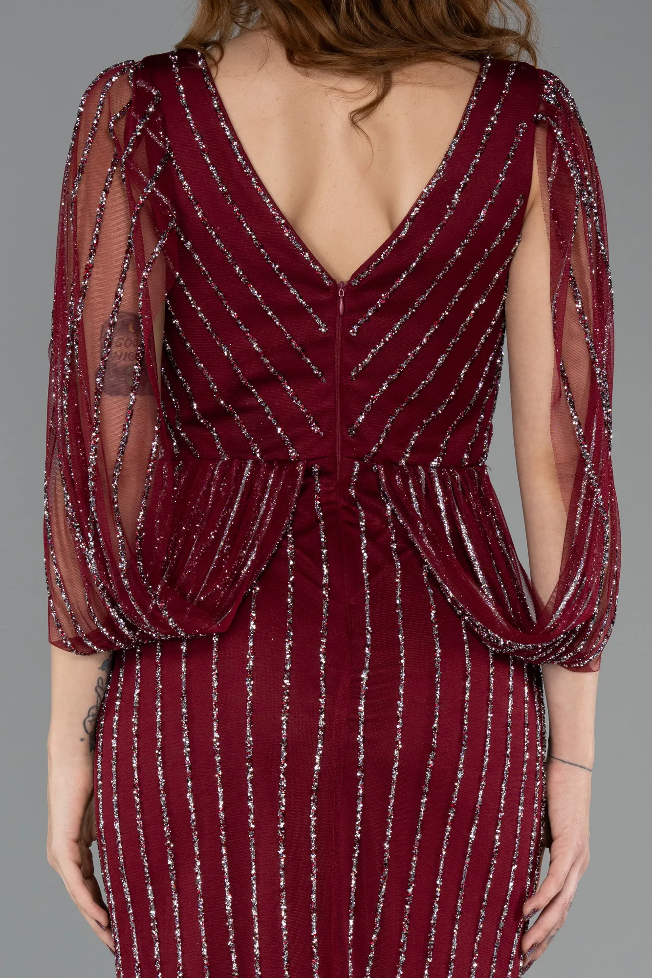 Burgundy-Long Stony Evening Dress ABU5475