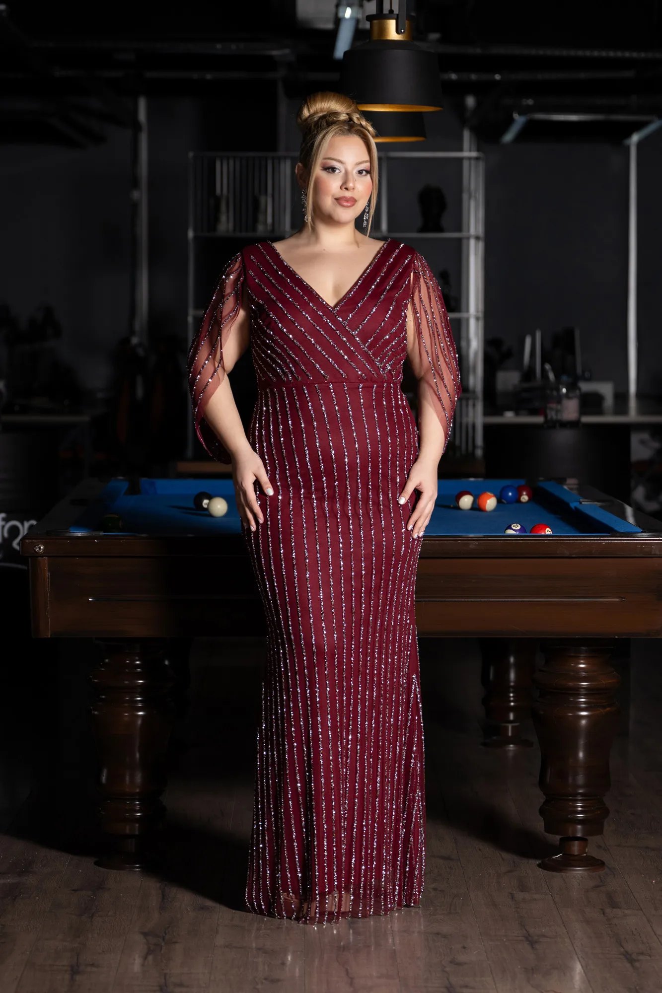 Burgundy-Long Stony Plus Size Evening Dress ABU5478