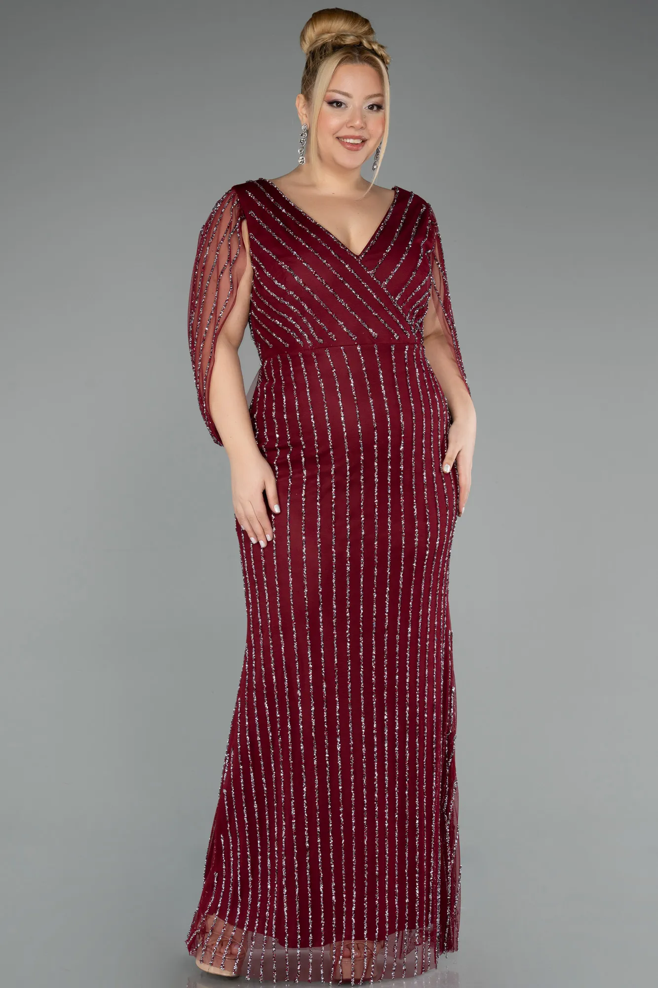 Burgundy-Long Stony Plus Size Evening Dress ABU5478