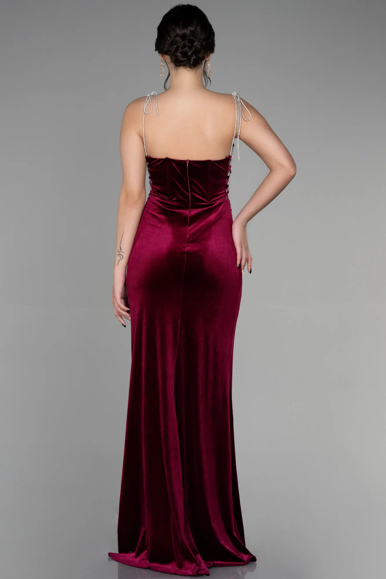 Burgundy-Long Velvet Evening Dress ABU3337