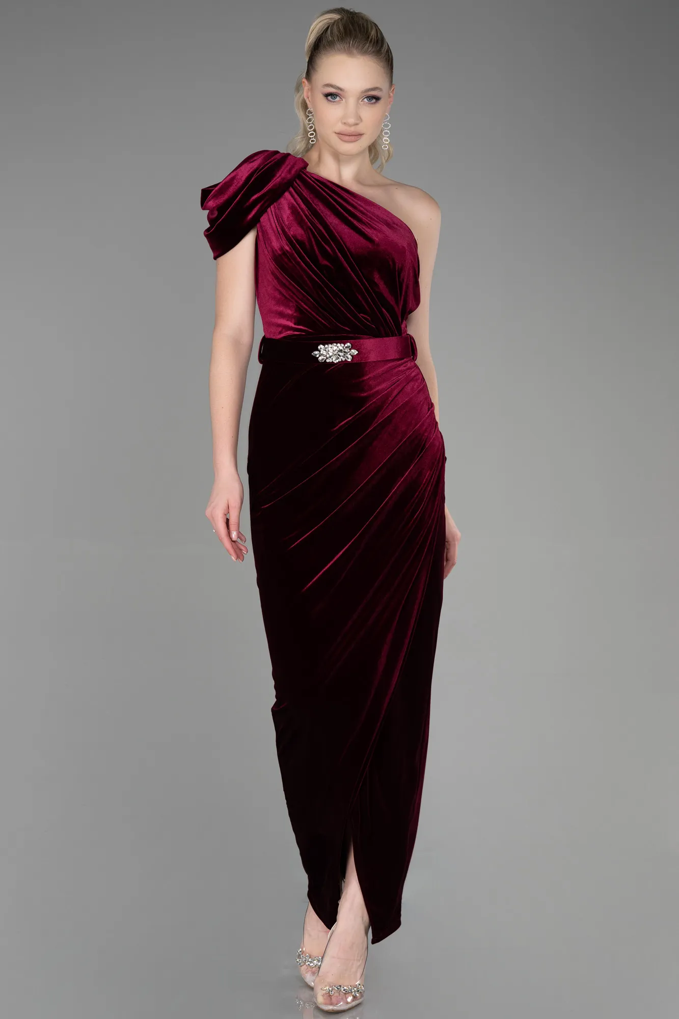 Burgundy-Long Velvet Evening Dress ABU3350
