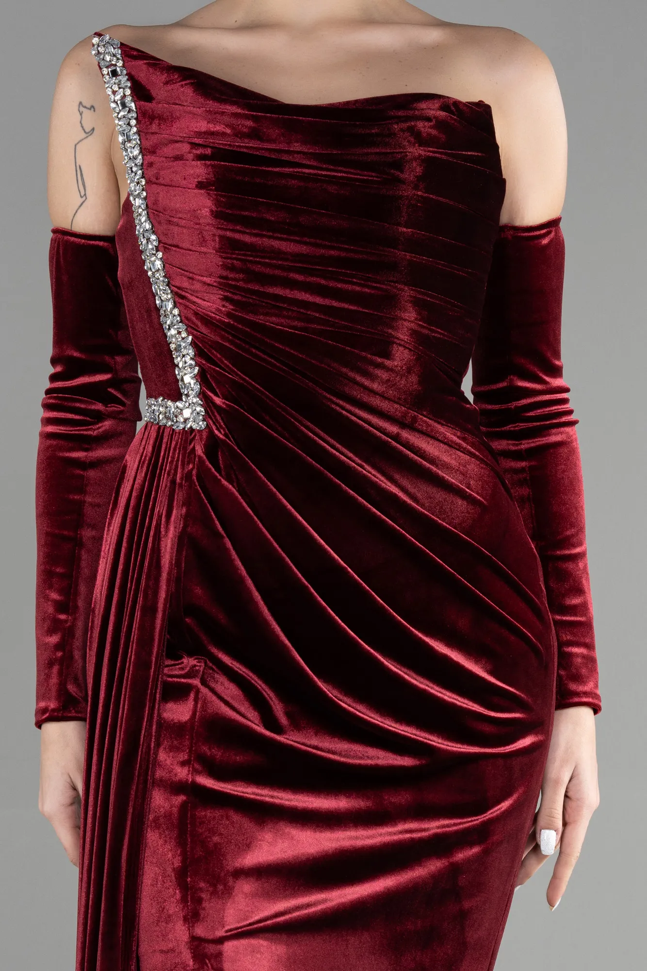 Burgundy-Long Velvet Evening Dress ABU3364