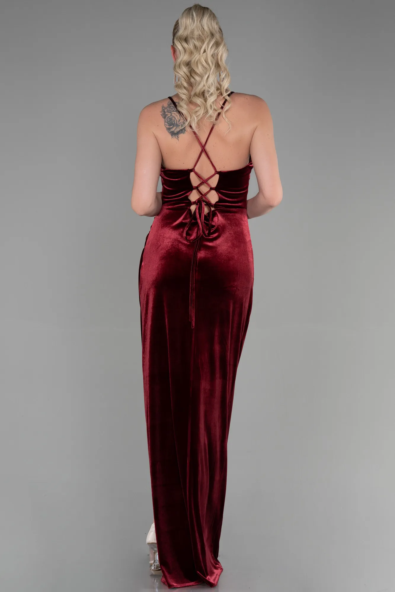 Burgundy-Long Velvet Evening Dress ABU3395