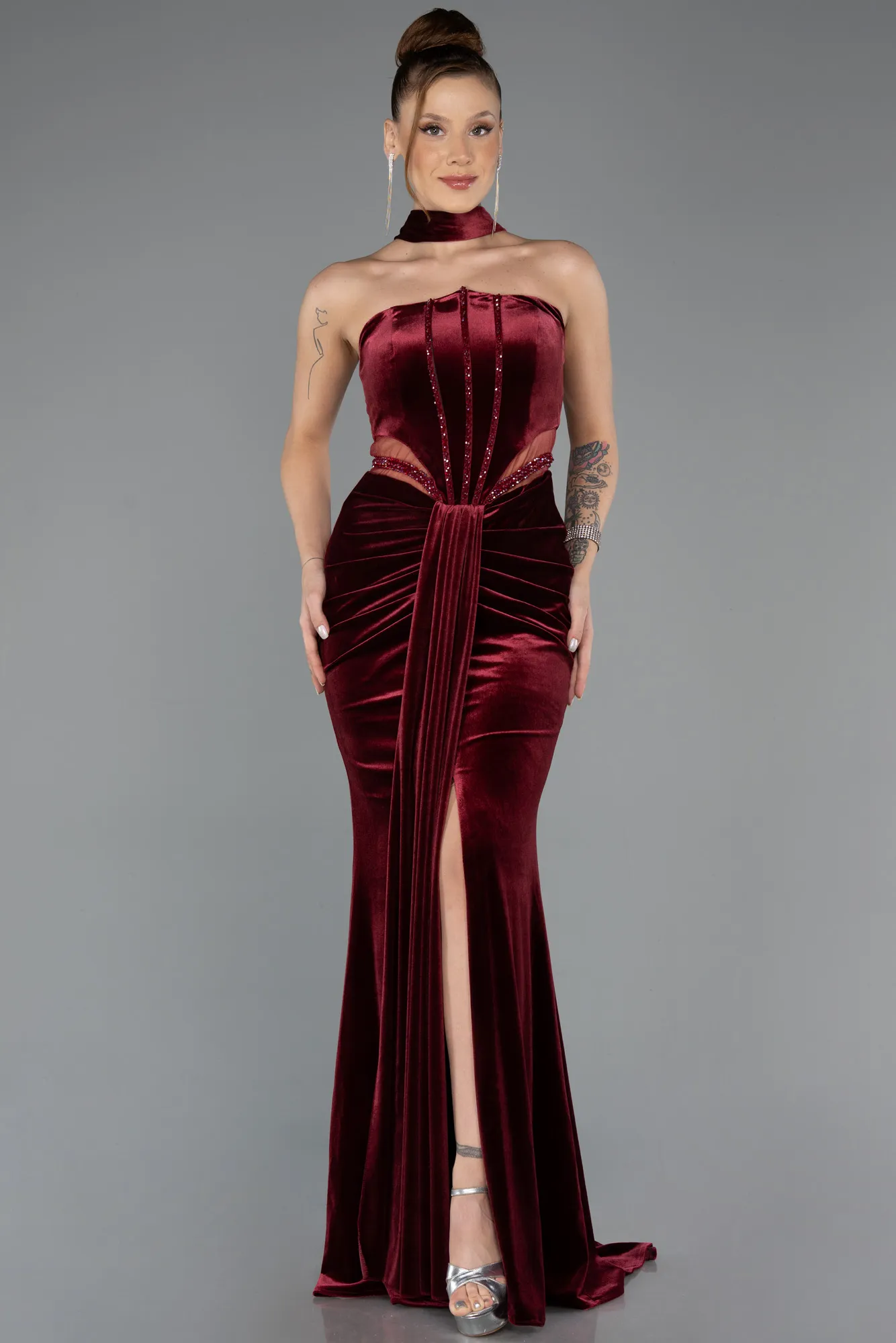 Burgundy-Long Velvet Evening Dress ABU5437