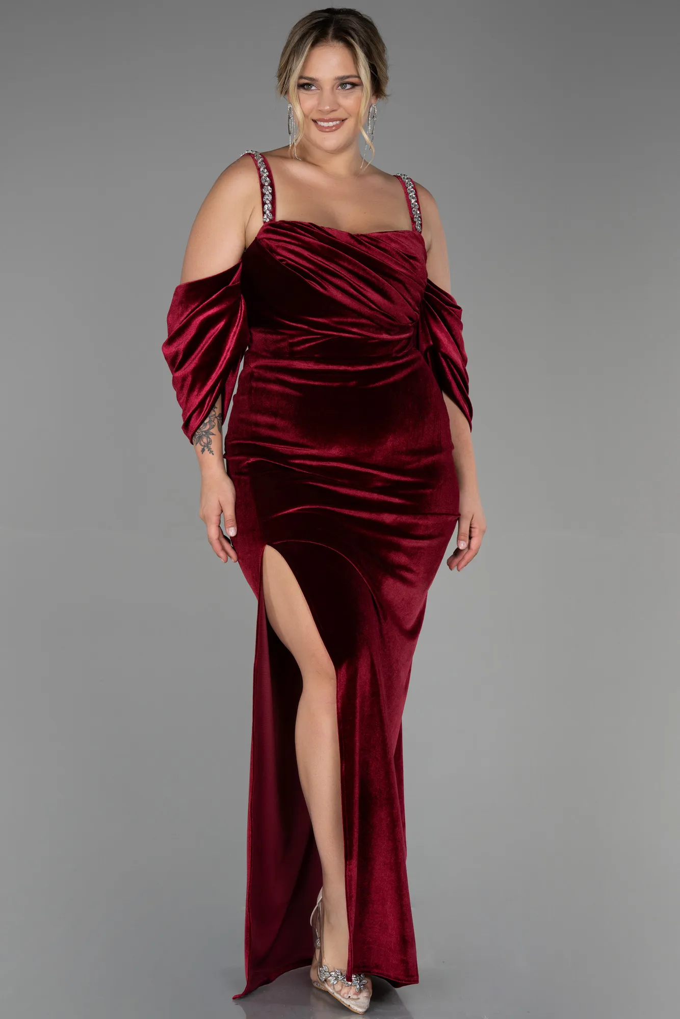 Burgundy-Long Velvet Plus Size Evening Dress ABU3336