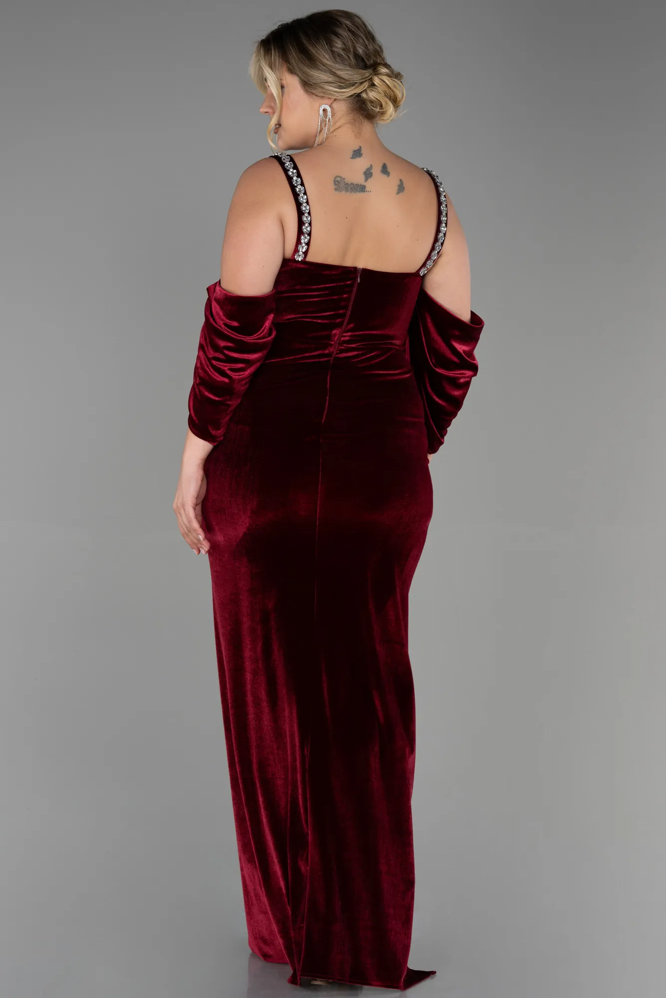 Burgundy-Long Velvet Plus Size Evening Dress ABU3336