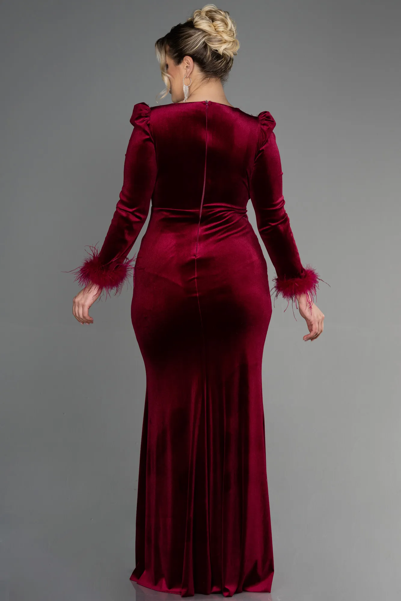 Burgundy-Long Velvet Velvet Oversized Evening Dress ABU3394