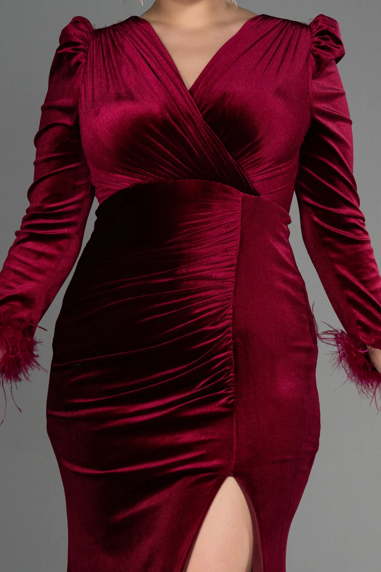 Burgundy-Long Velvet Velvet Oversized Evening Dress ABU3394