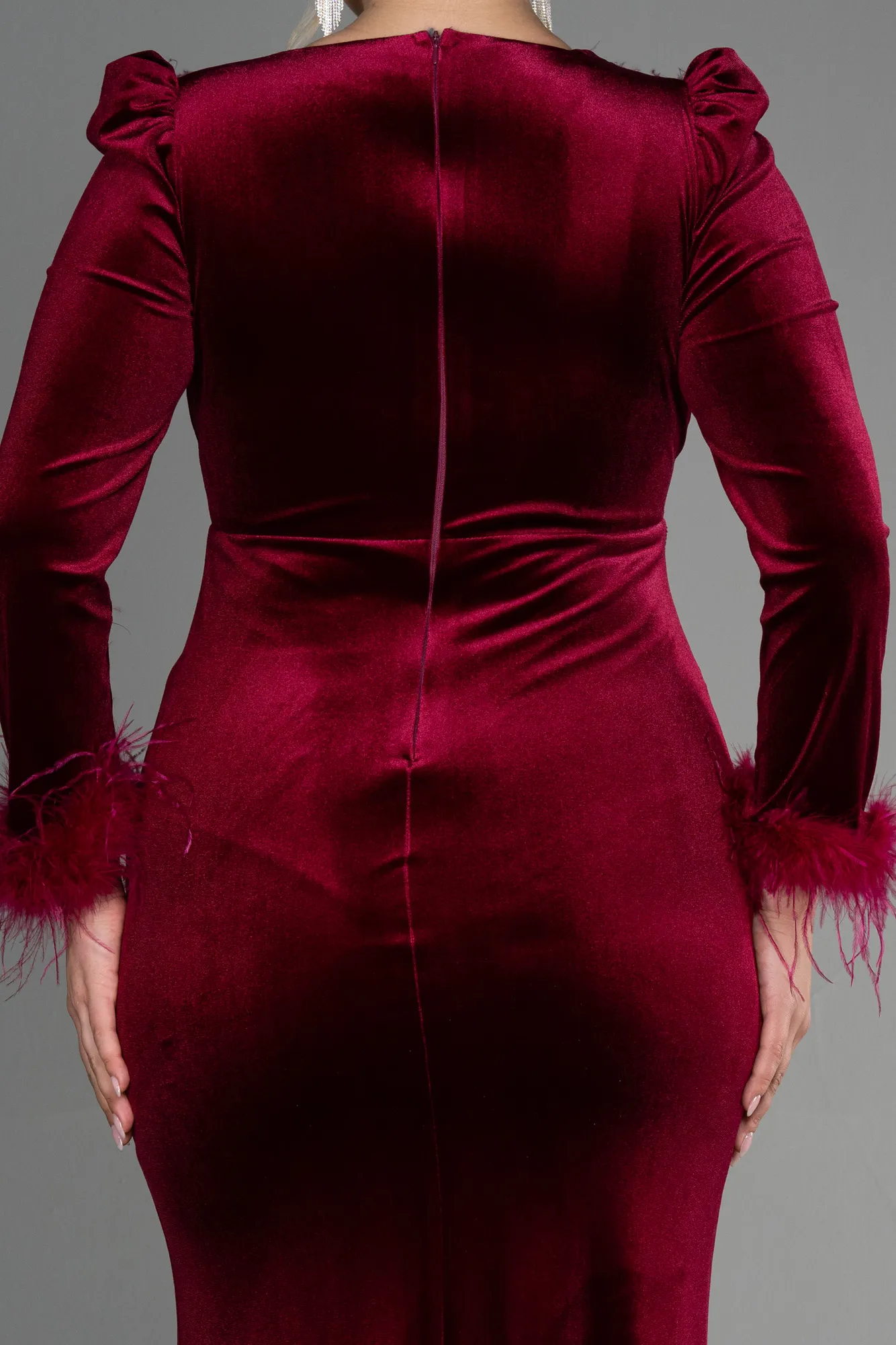 Burgundy-Long Velvet Velvet Oversized Evening Dress ABU3394