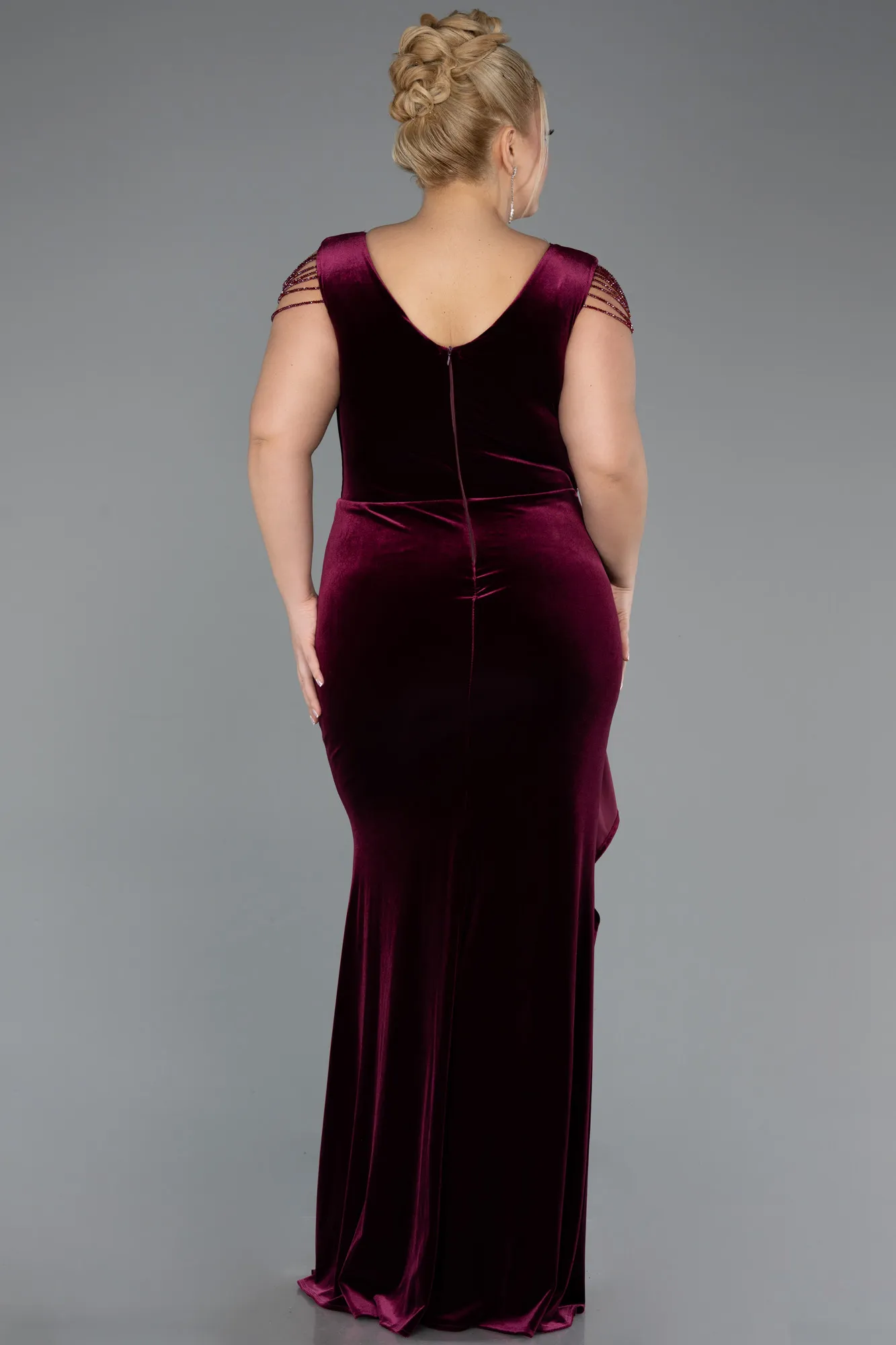 Burgundy-Long Velvet Velvet Oversized Evening Dress ABU5428