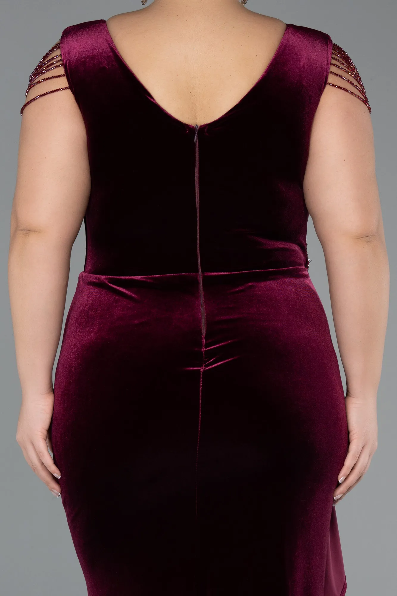 Burgundy-Long Velvet Velvet Oversized Evening Dress ABU5428