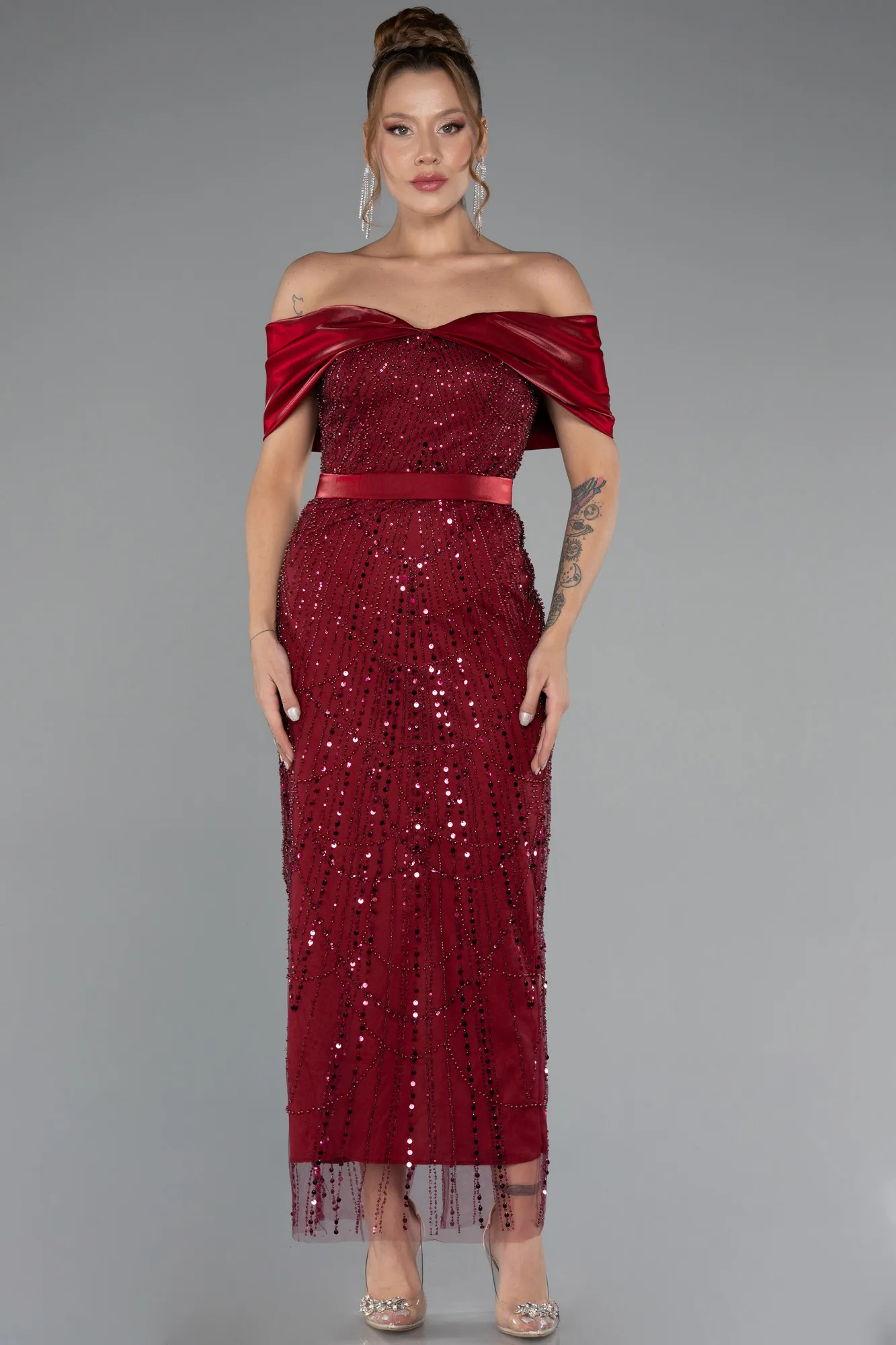 Burgundy-Midi Beaded Party Dress ABK2453