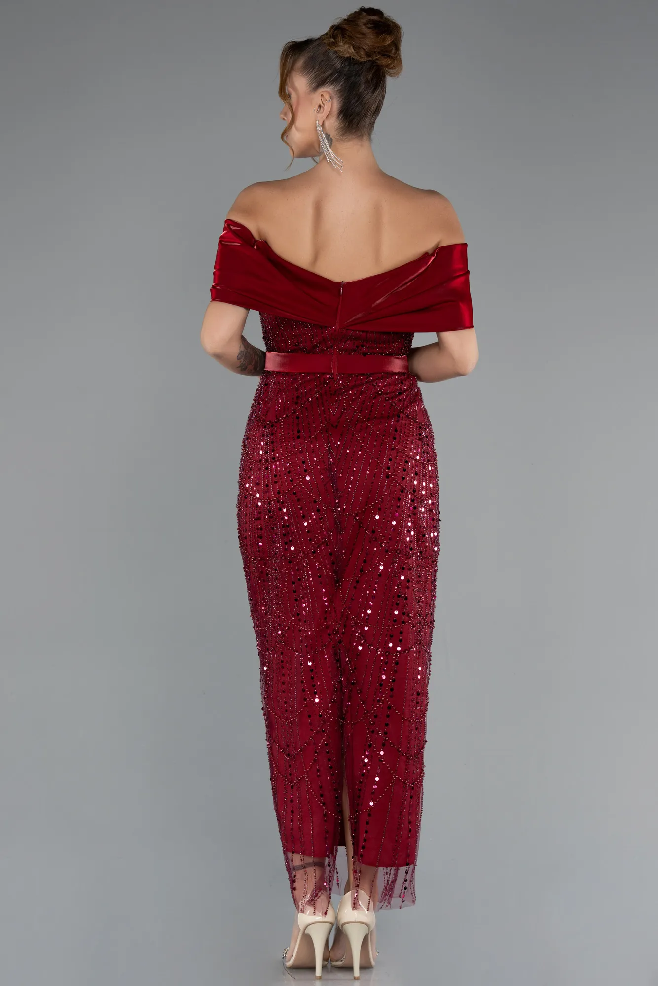 Burgundy-Midi Beaded Party Dress ABK2453