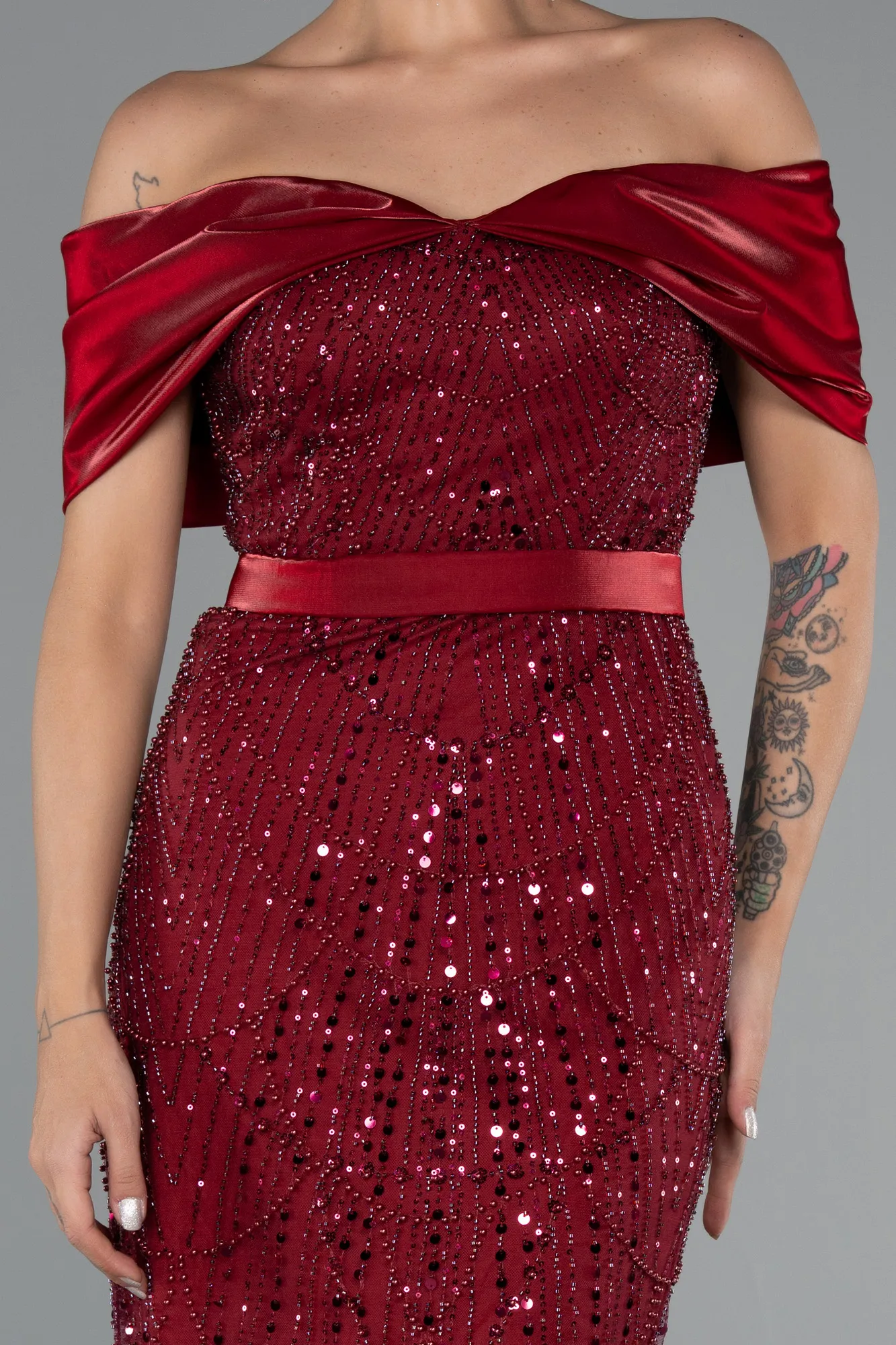 Burgundy-Midi Beaded Party Dress ABK2453