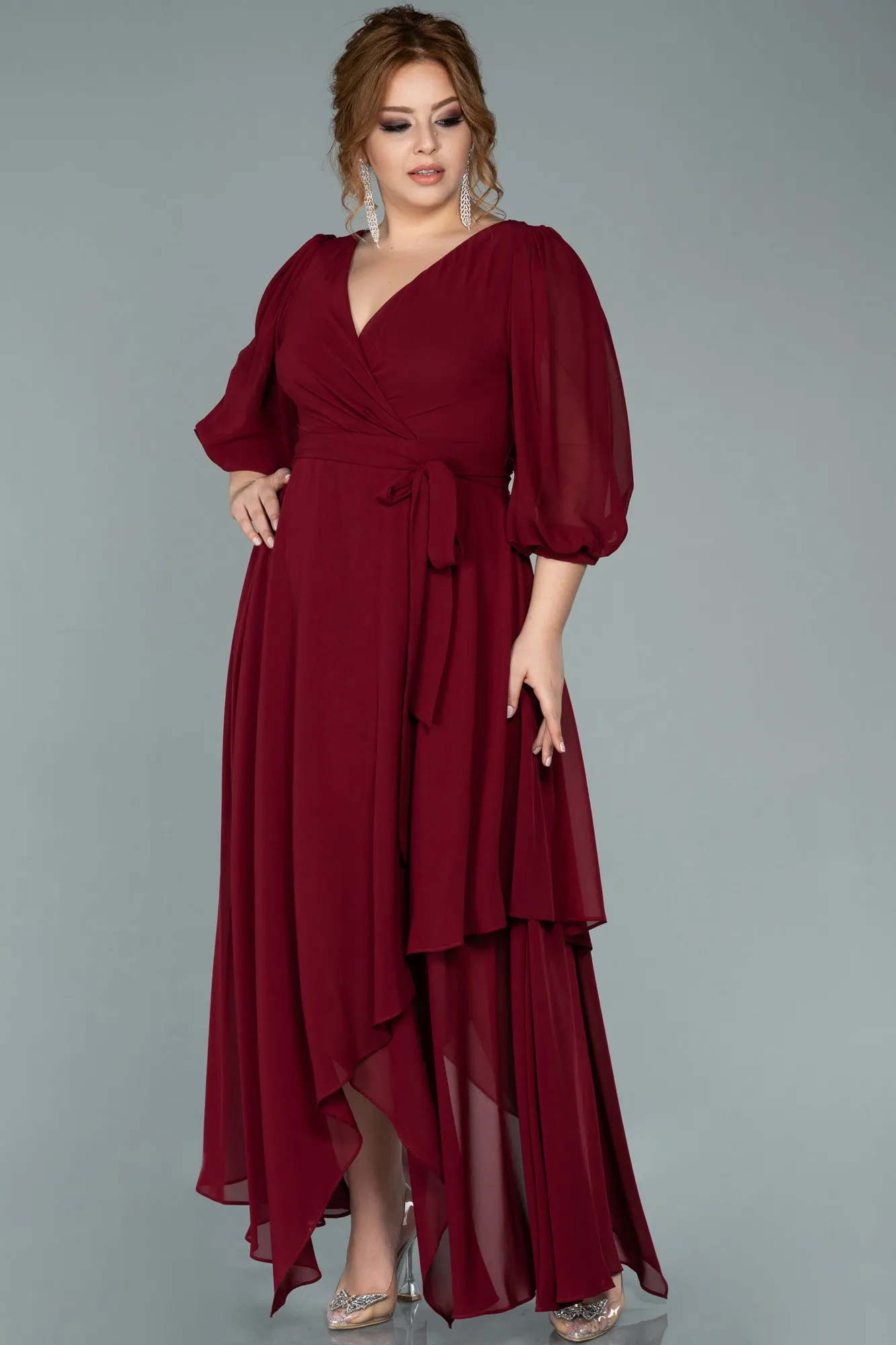 Burgundy-Midi Chiffon Oversized Evening Dress ABK1083