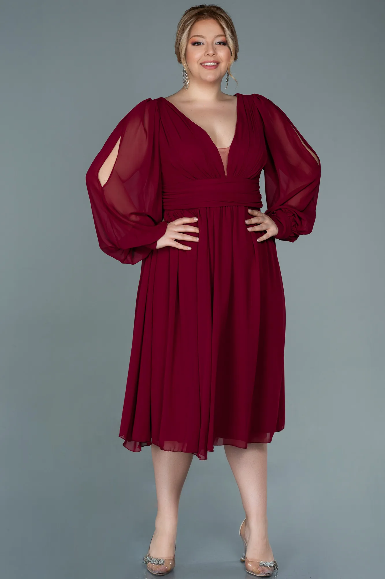 Burgundy-Midi Chiffon Plus Size Evening Dress ABK1565