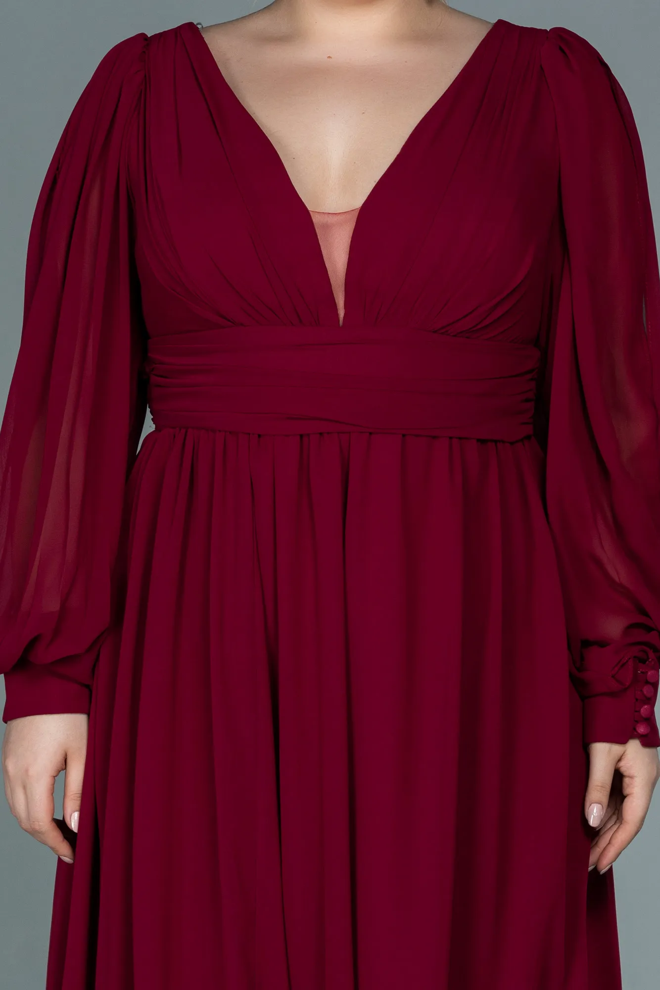 Burgundy-Midi Chiffon Plus Size Evening Dress ABK1565