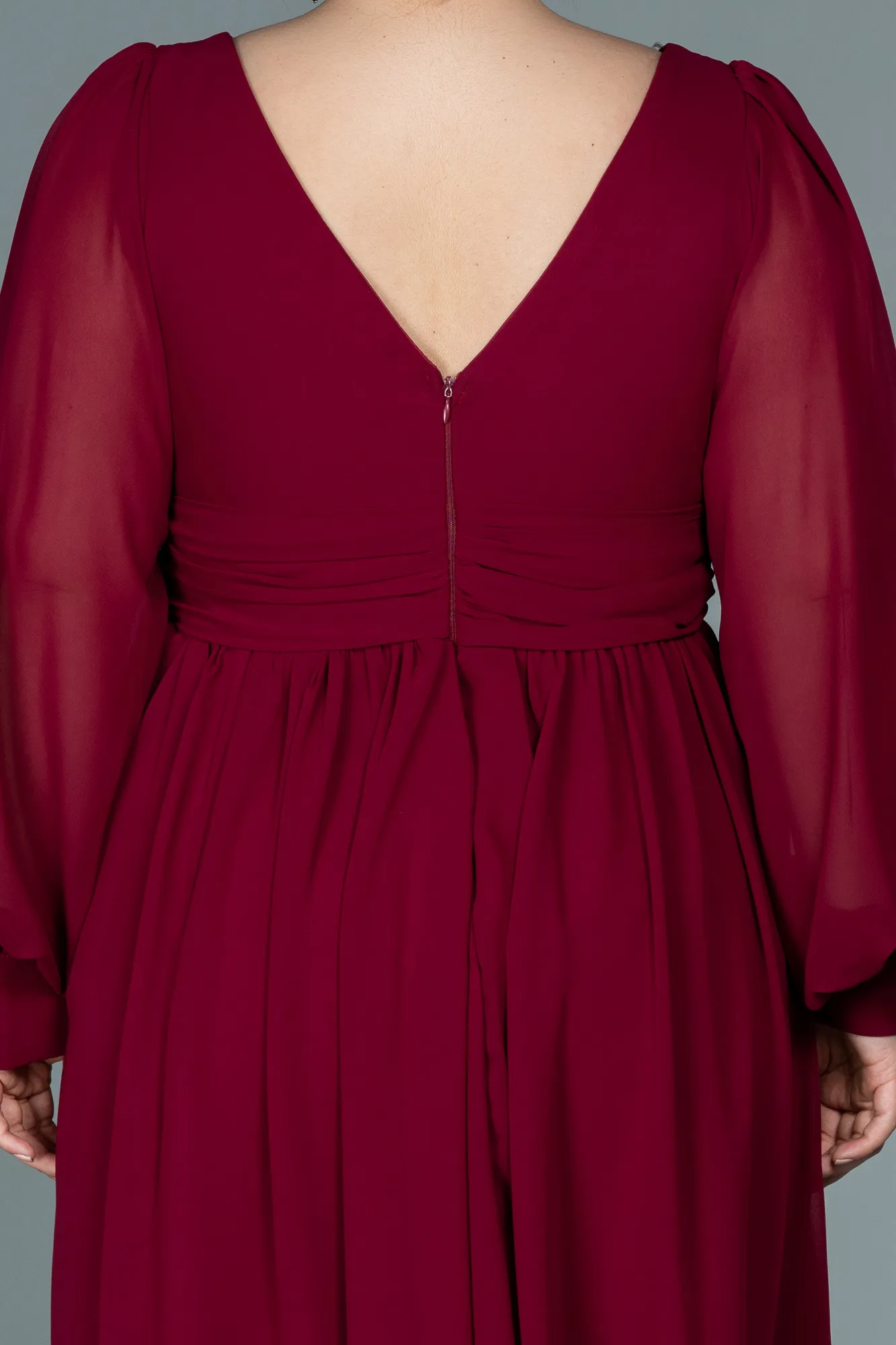 Burgundy-Midi Chiffon Plus Size Evening Dress ABK1565