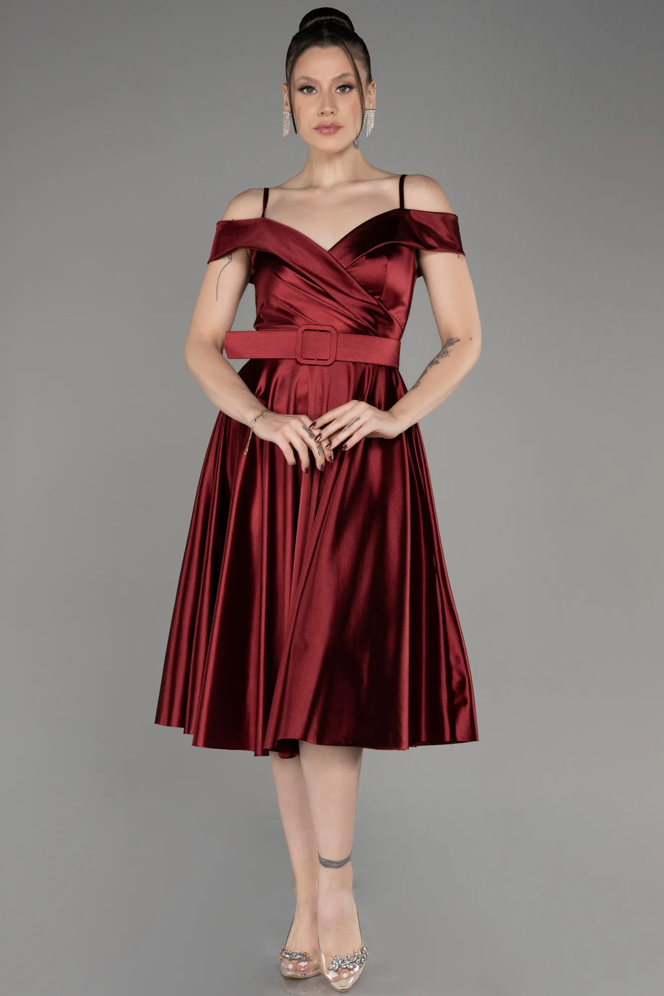 Burgundy-Midi Cocktail Satin Dress ABK2080