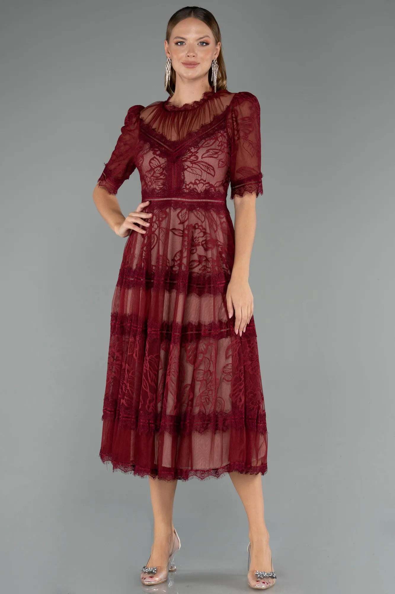 Burgundy-Midi Dantelle Night Dress ABK1388