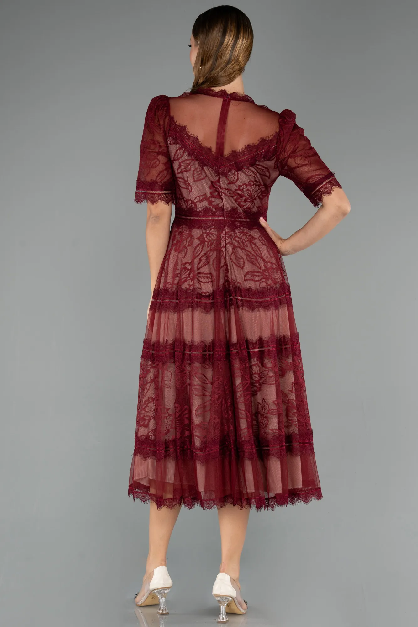 Burgundy-Midi Dantelle Night Dress ABK1388