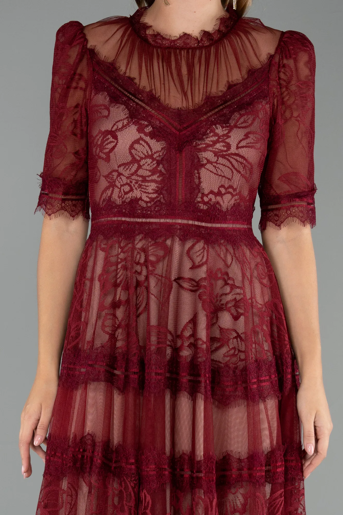 Burgundy-Midi Dantelle Night Dress ABK1388