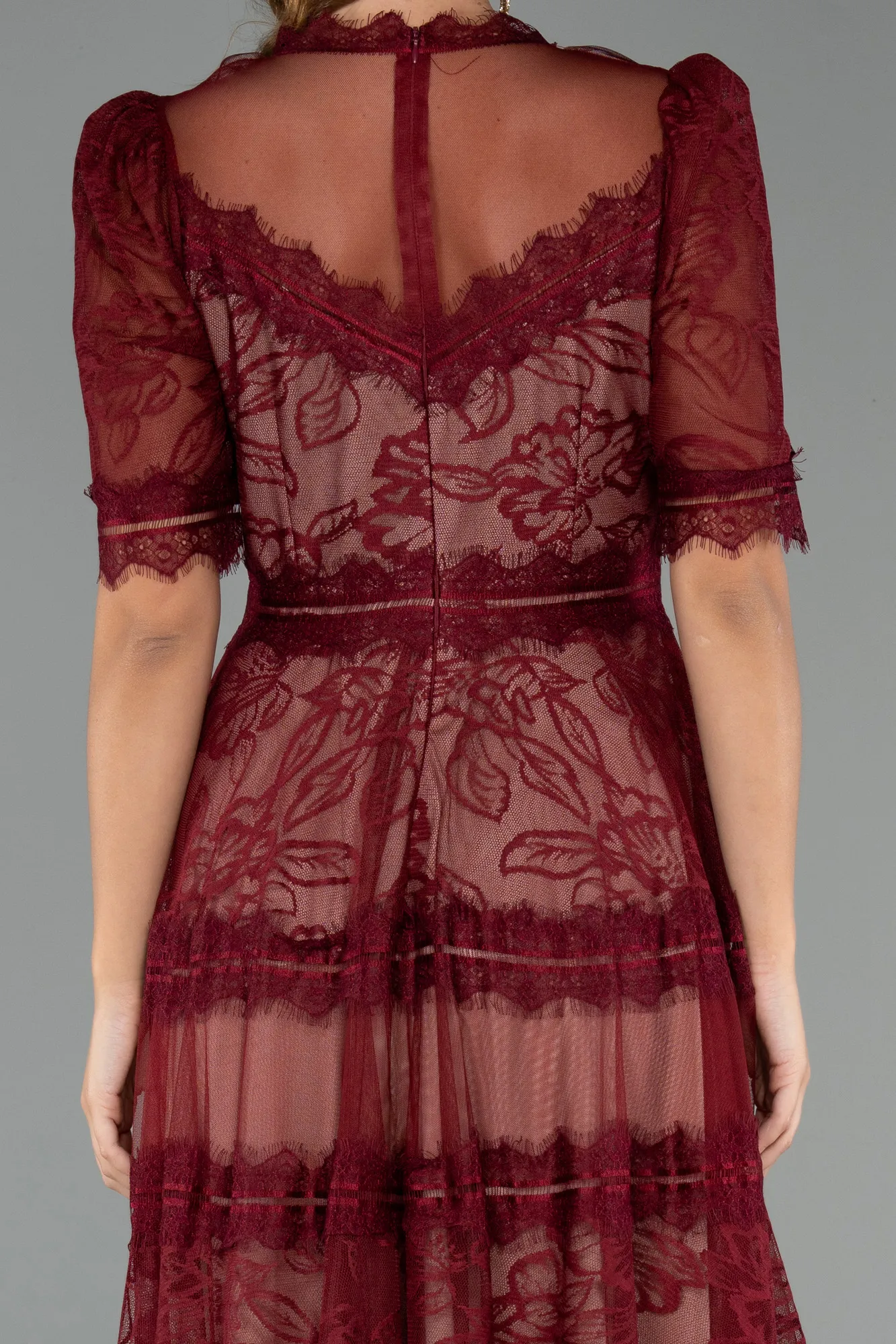 Burgundy-Midi Dantelle Night Dress ABK1388