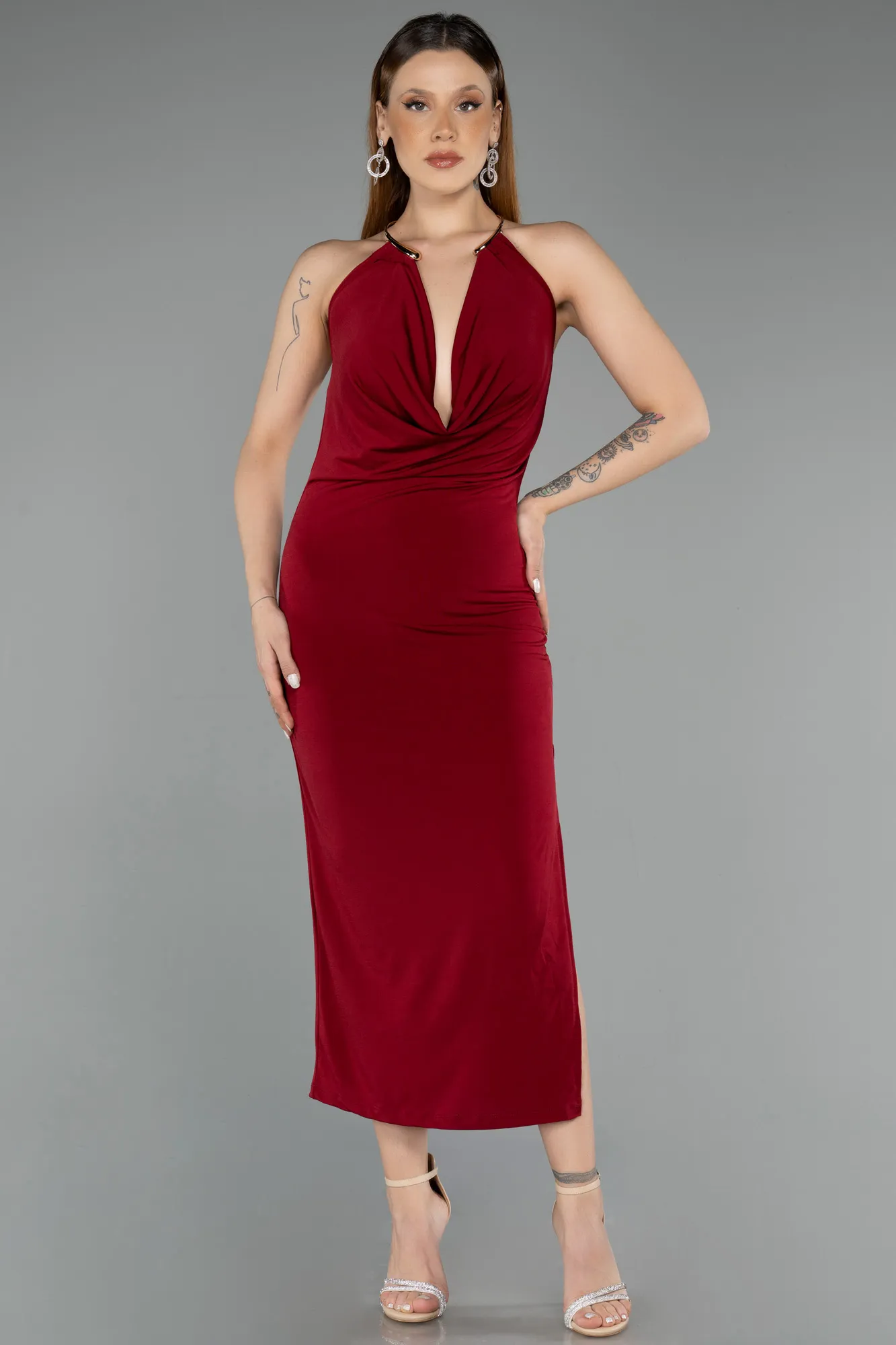 Burgundy-Midi Party Dress ABK2495