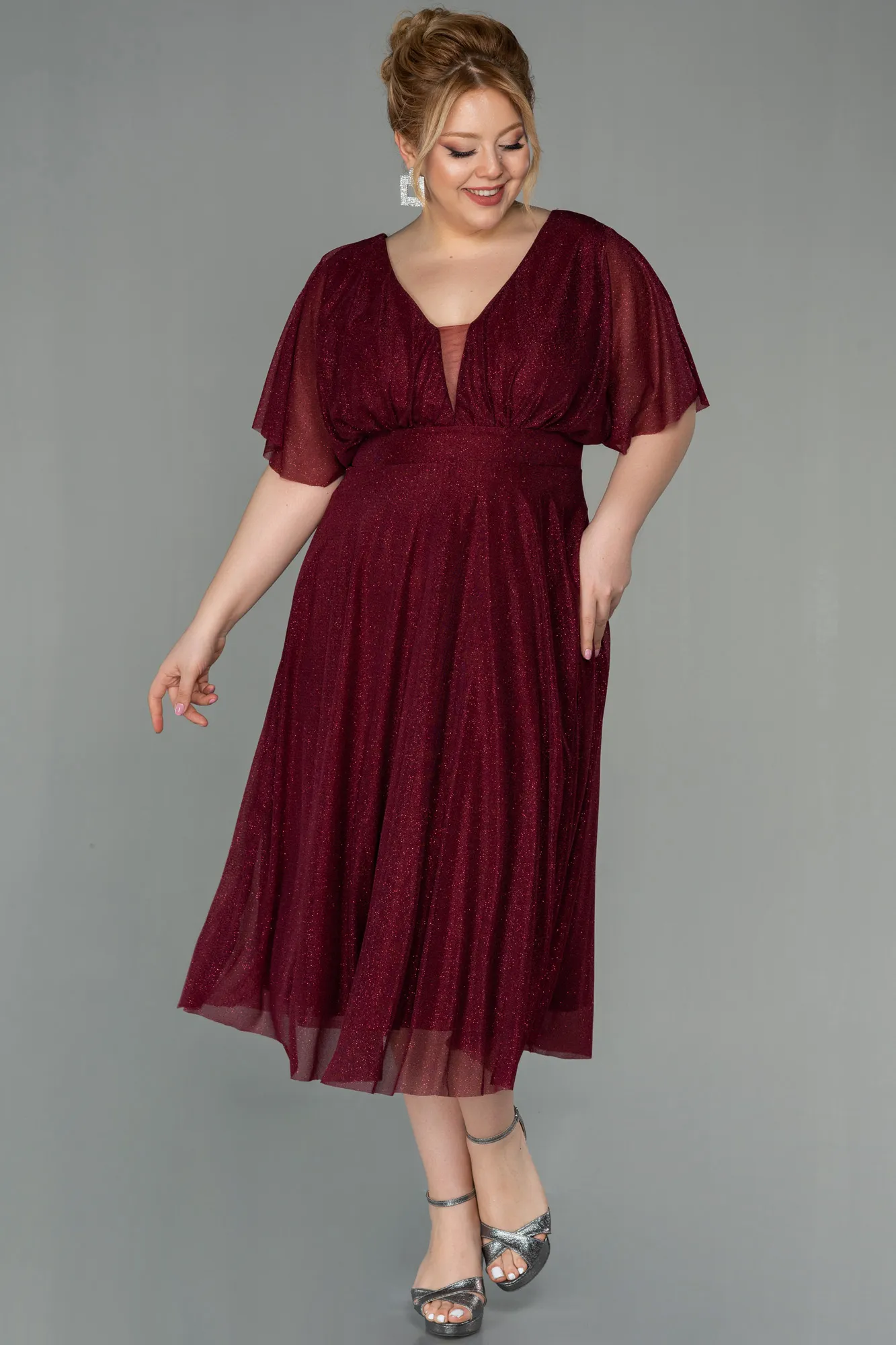 Burgundy-Midi Plus Size Evening Dress ABK1253