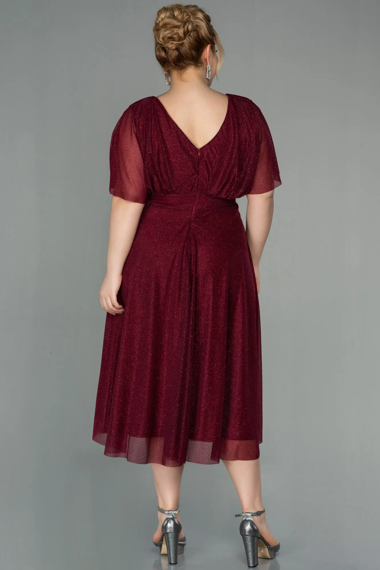 Burgundy-Midi Plus Size Evening Dress ABK1253