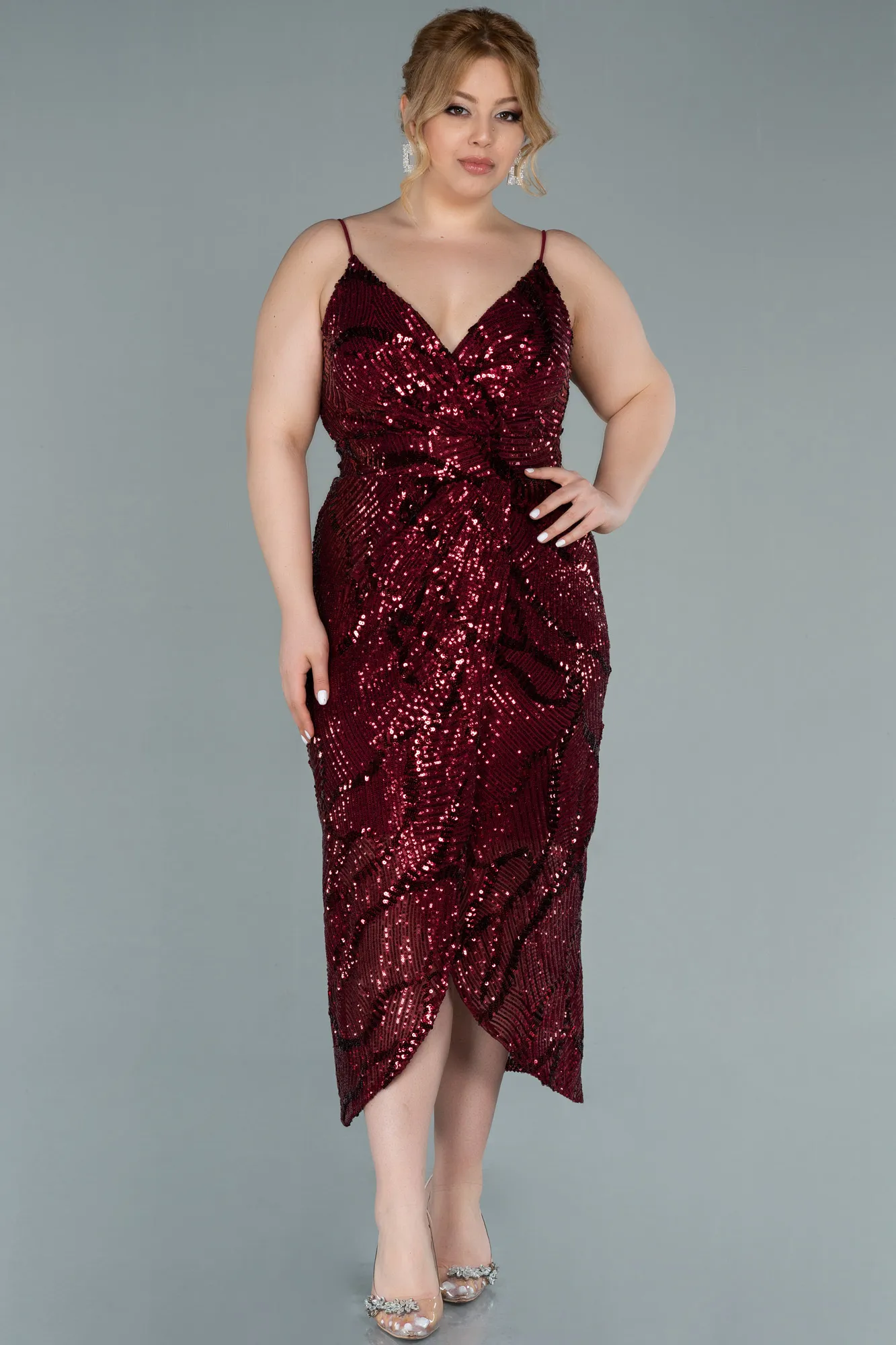 Burgundy-Midi Plus Size Evening Dress ABK1349