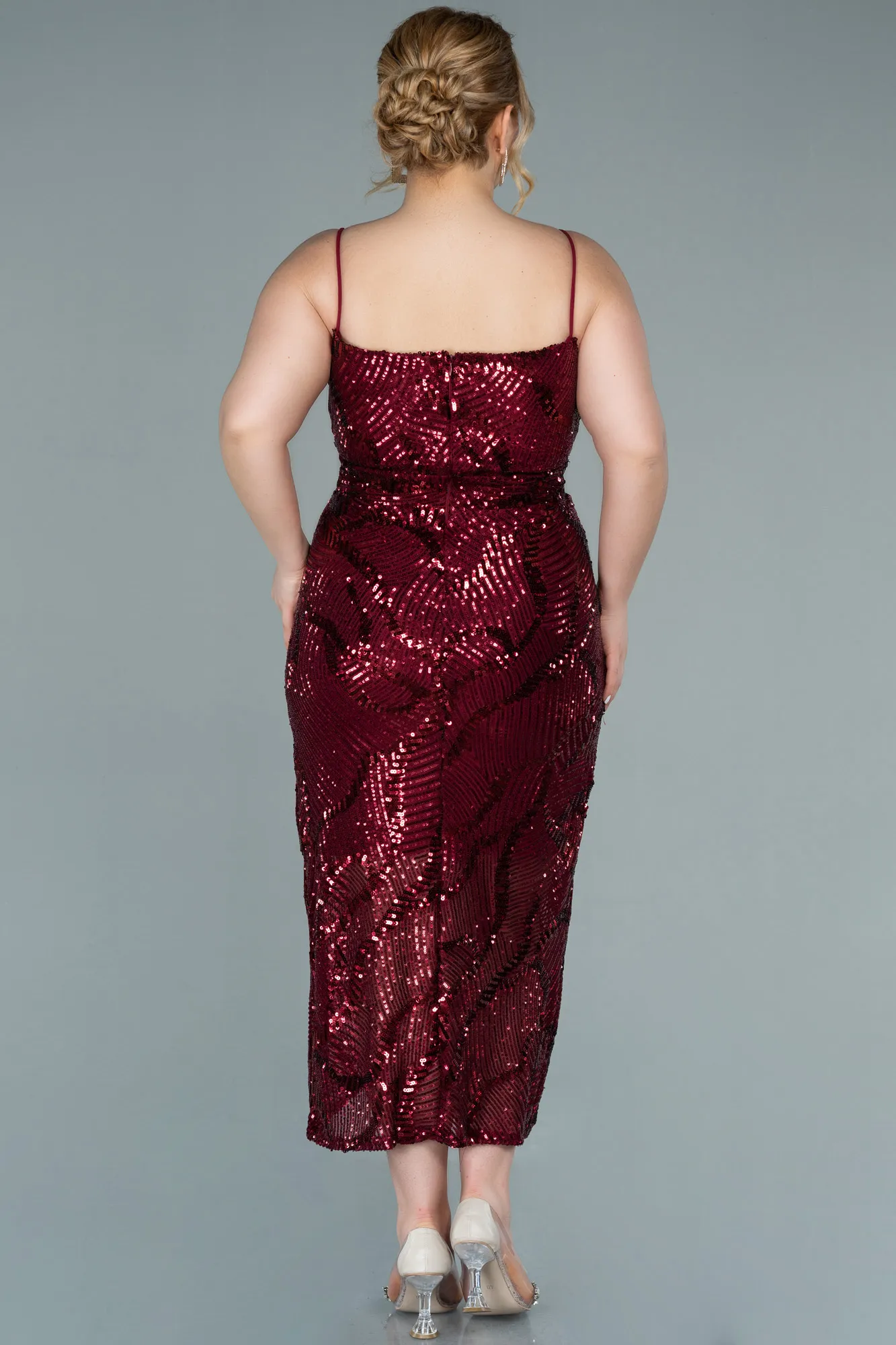 Burgundy-Midi Plus Size Evening Dress ABK1349